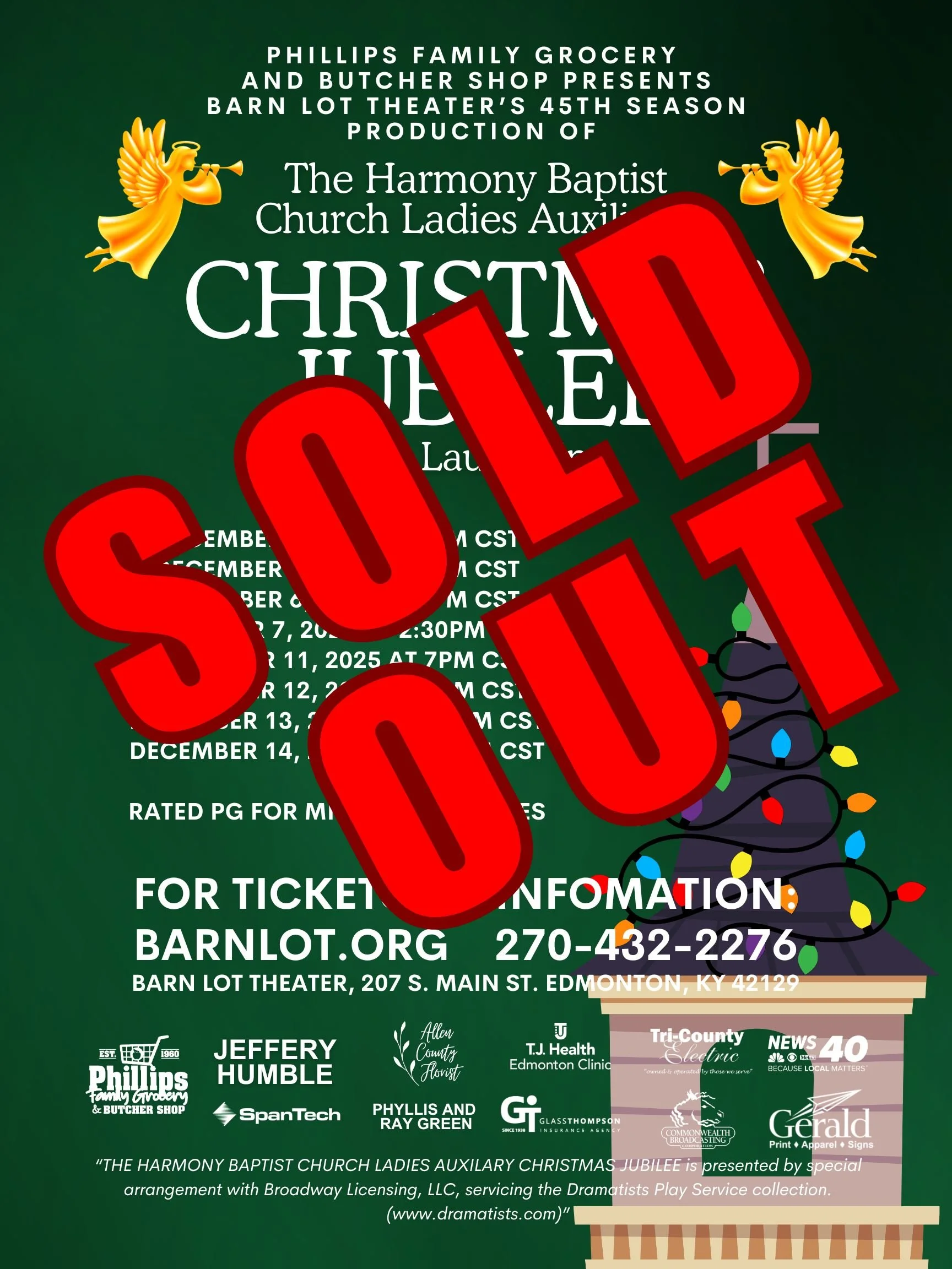 Promotional poster for "The Harmony Baptist Church Ladies Auxiliary Christmas Jubilee" with dates, ticket information, and sponsor logos.