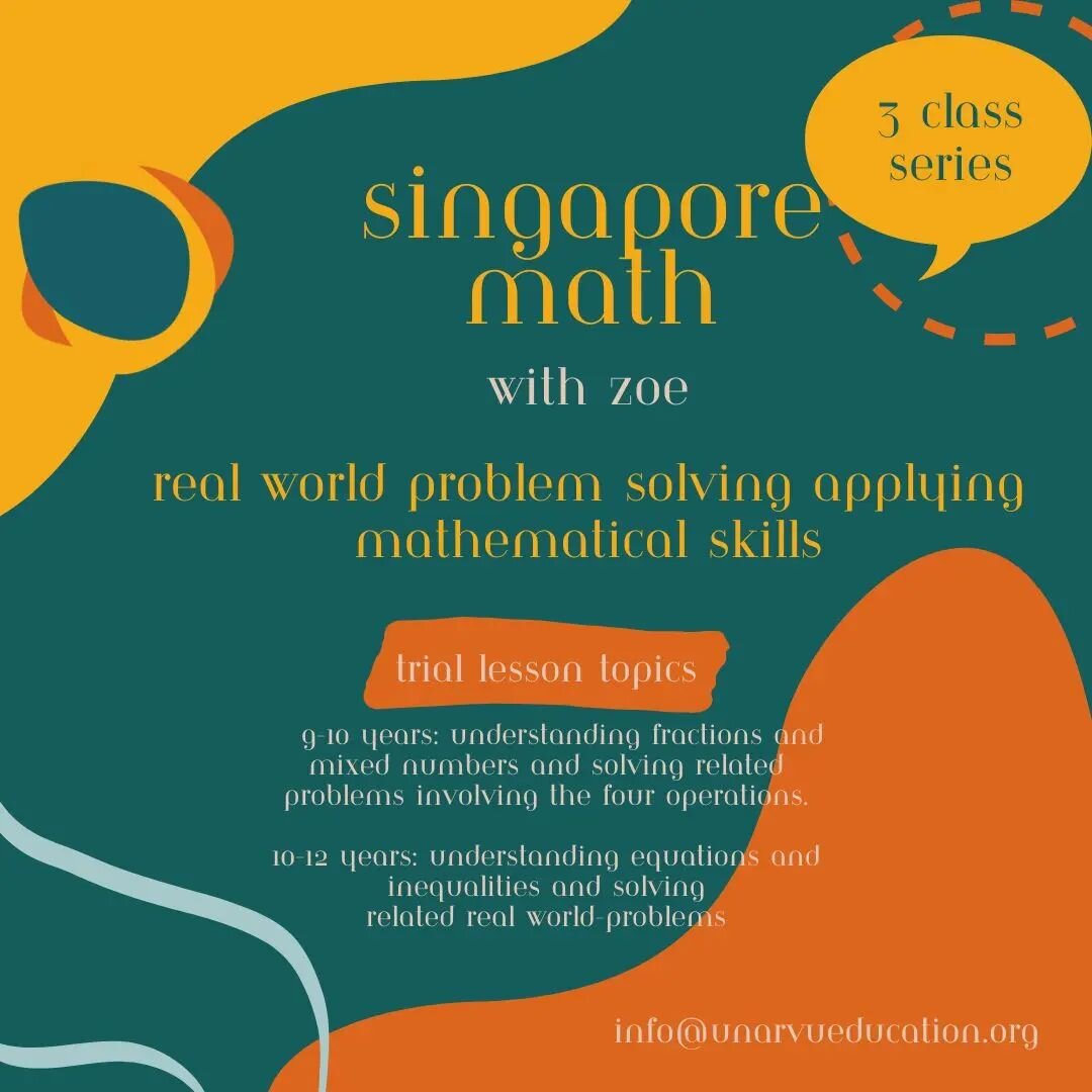 Singapore Math led by Zoe Zohal

Mon 25/03 @ 10am

Tue 26/03 @ 10 am

Wed 27/03 @ 10 am

TRIAL LESSON TOPICS: 

Understanding Fractions and Mixed Numbers and Solving related problems involving the Four Operations.

Understanding Equations and Inequal