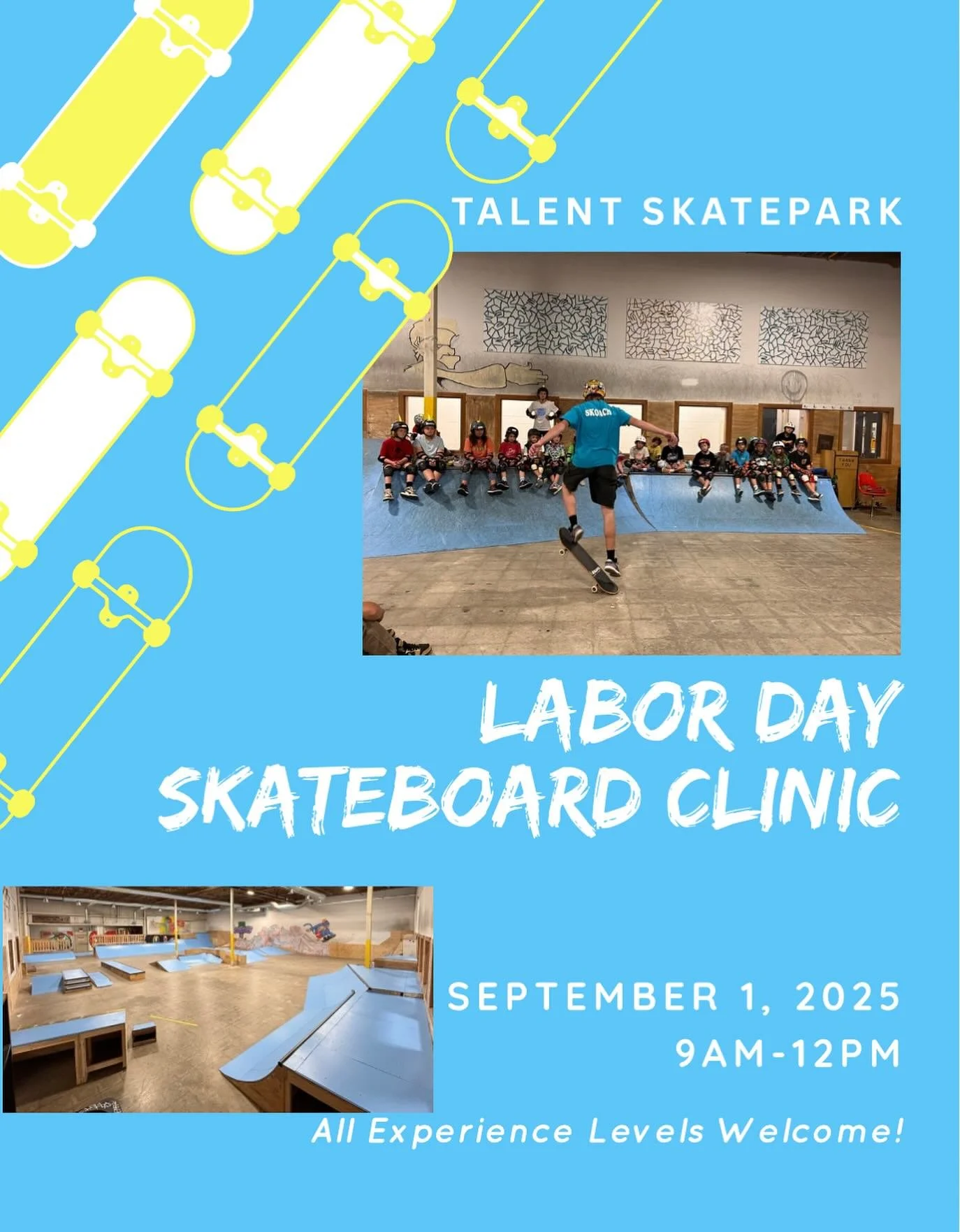 We are OPEN Labor Day!  Join our skateboard clinic from 9am-12pm, open to all skill levels!  Plus, shop our sale: 30% off shoes, BOGO tees, 30% off crew necks, 30% off hats, and 25% off socks! Sale ends Monday 9/1
