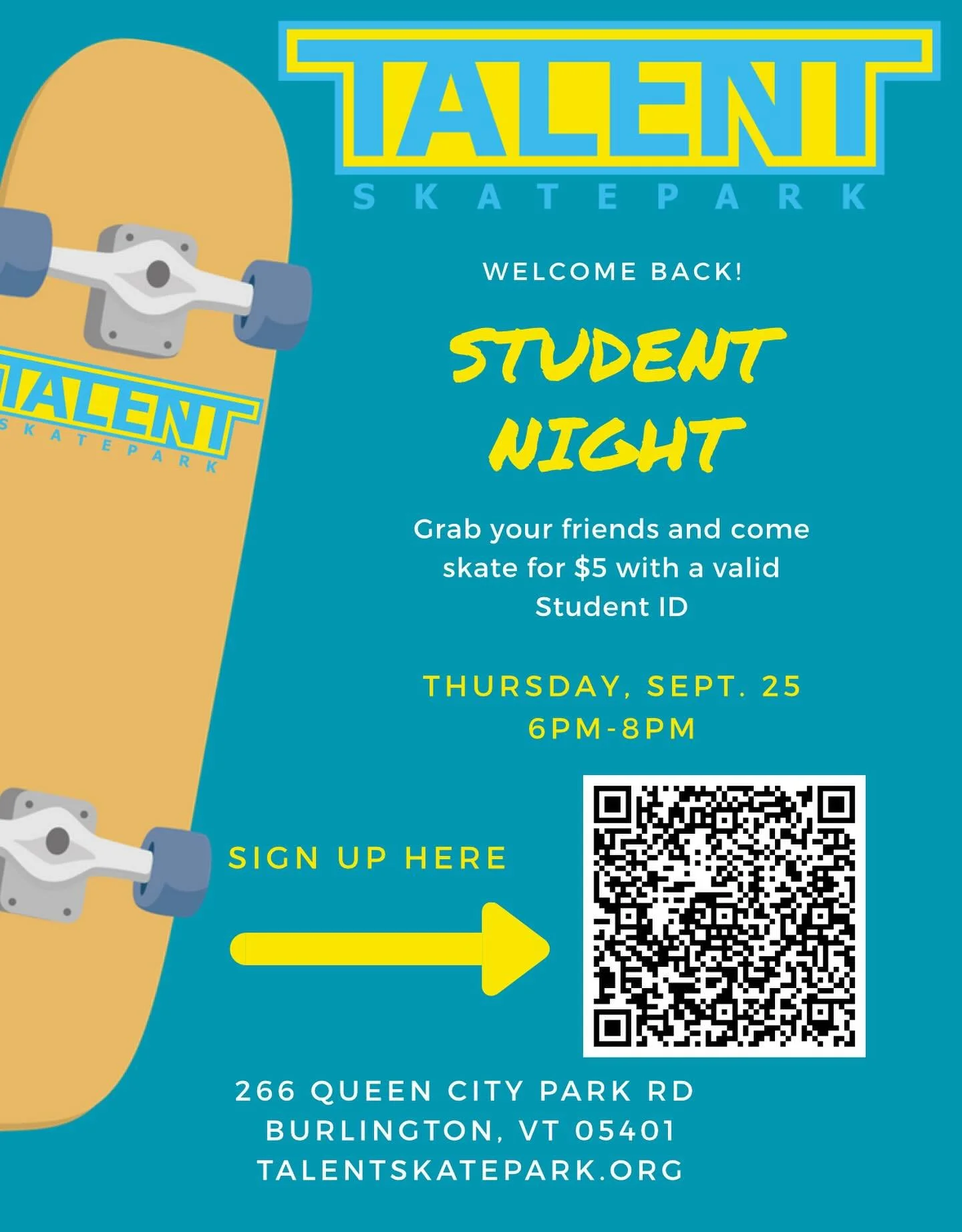 🚨COLLEGE STUDENTS🚨 Skate for just $5 on Thursday, September 25th from 6pm-8pm. Don't forget your valid Student ID for the discount!