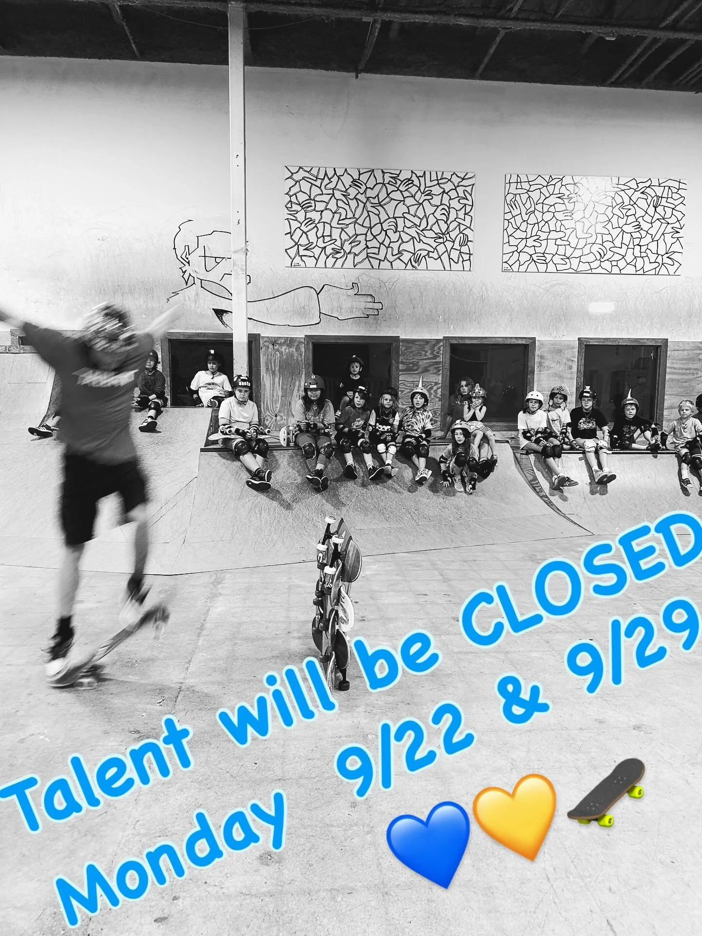 Sorry for any inconvenience, Talent will be closed on Monday 9/22 and Monday 9/29.  Thank you for your support.

#talentskateparkforever