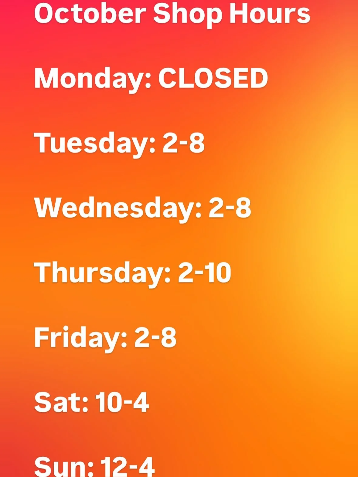 Updated Shop and Park Hours for October 🛹🎃 *Saturday 10-12 Beginner Session (Kids Only)
Thursday 8-10 25+ Only