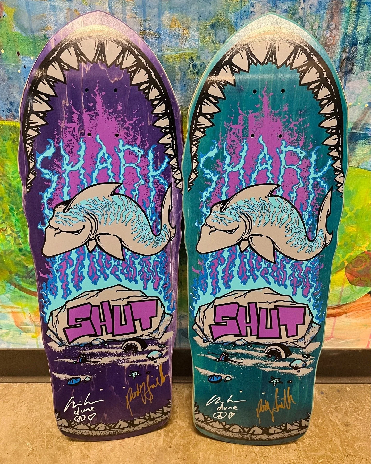This reissued @shutnyc &ldquo;Shark&rdquo; deck was produced by Prime and is signed by SHUT founder Rodney Smith and pro skater/artist @ChrisPastras. 

With its handmade, screen-printed construction and dual signatures, it&rsquo;s a rare collector&rs