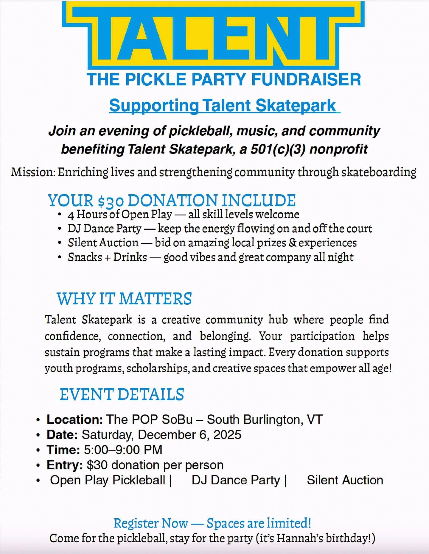 Talent has always brought community together in their fundraising efforts.  We are hosting a pickleball party with a silent auction.  Don&rsquo;t play?  There will be music, food, and the auction.  Come check it out.  BYOB!  Oh yeah, there will be ca