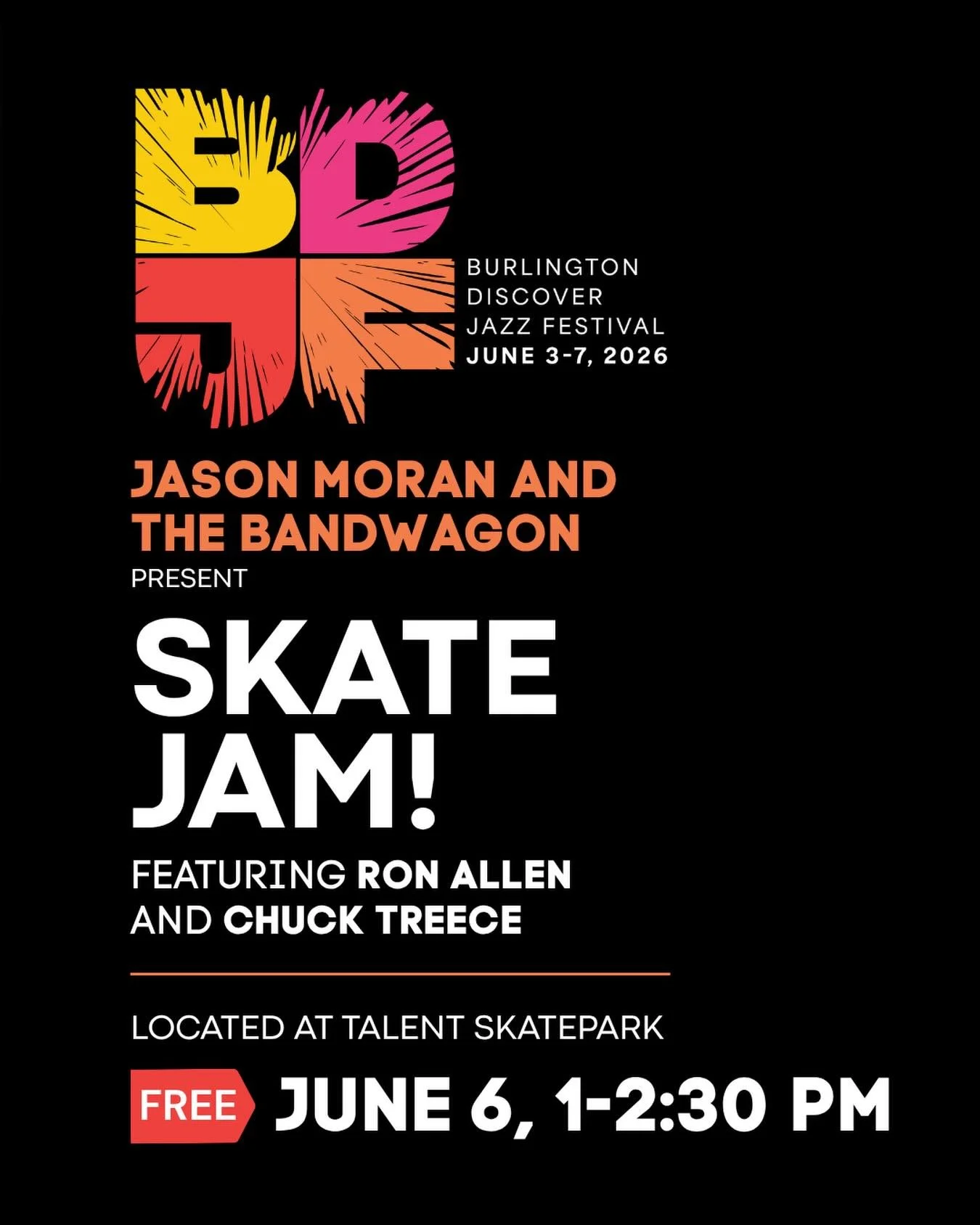 TODAY!!! We are so stoked to welcome @thejasonmoran  and the Bandwagon as they present SKATE JAM featuring @ronallensk8 and @chucktreece (legends 🛹)! A free event from 1-2:30pm inside @talentskatepark #community @discoverjazzfestival  @flynncenter