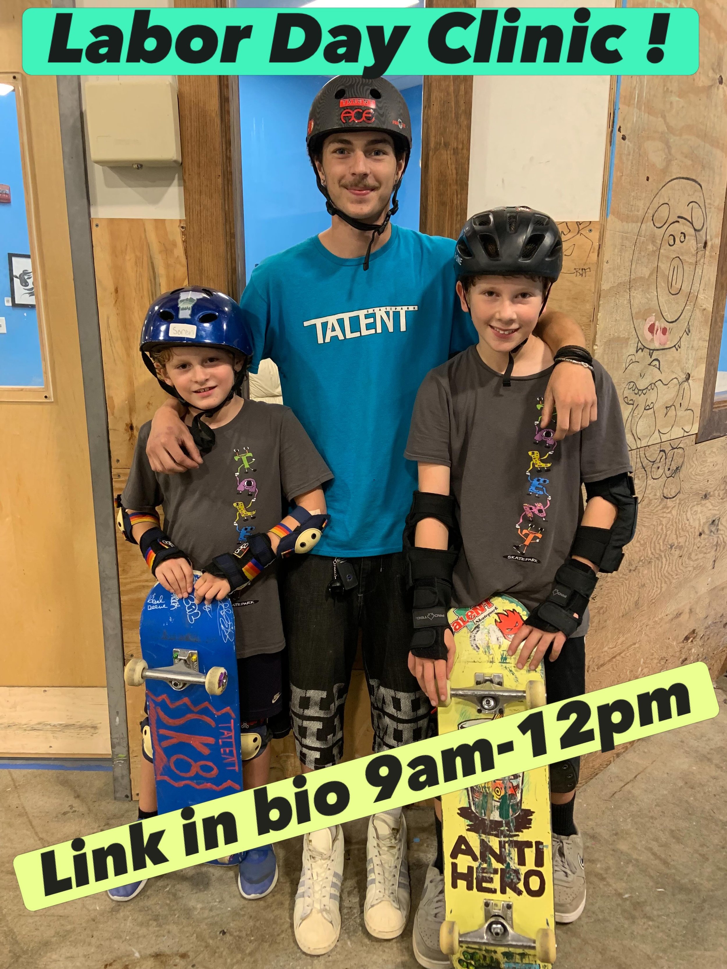 Monday September 7th Hours:
Labor Day Clinic 9-12pm 
One Session 12-3pm

Clinic drop off begins at 8:30am, clinic starts at 9am and runs till noon.  We are having one 3 hour session, 12-3pm, $10 per skater.  Thank you 💙💛
#talentskateparkforever 🛹