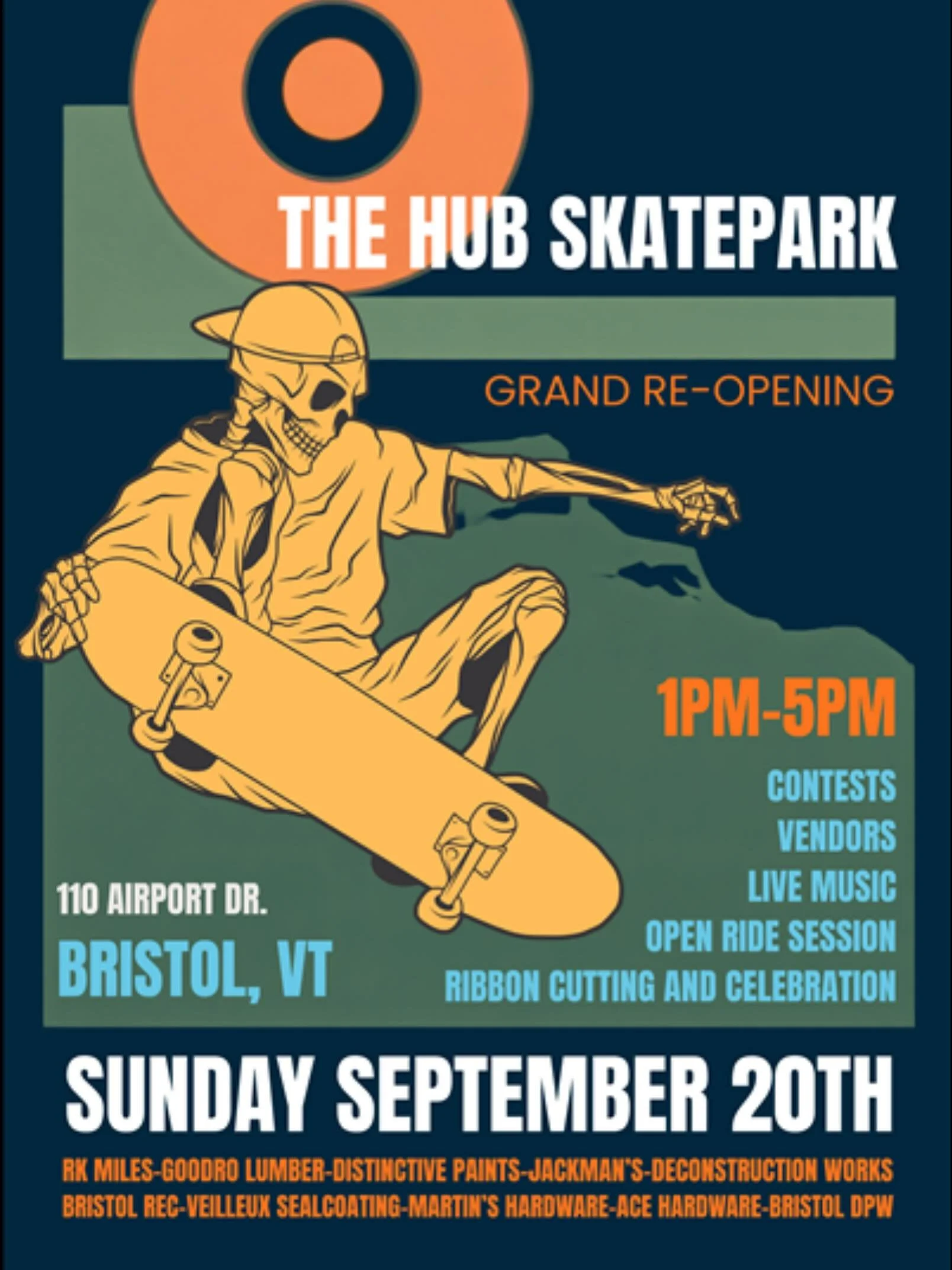 Bristol Skatepark Grand Re-Opening and Contest this Sunday at 1pm! Food, Live Music, and More!110 Airport Drive, Bristol, VT. September 20th! @hubteencenter