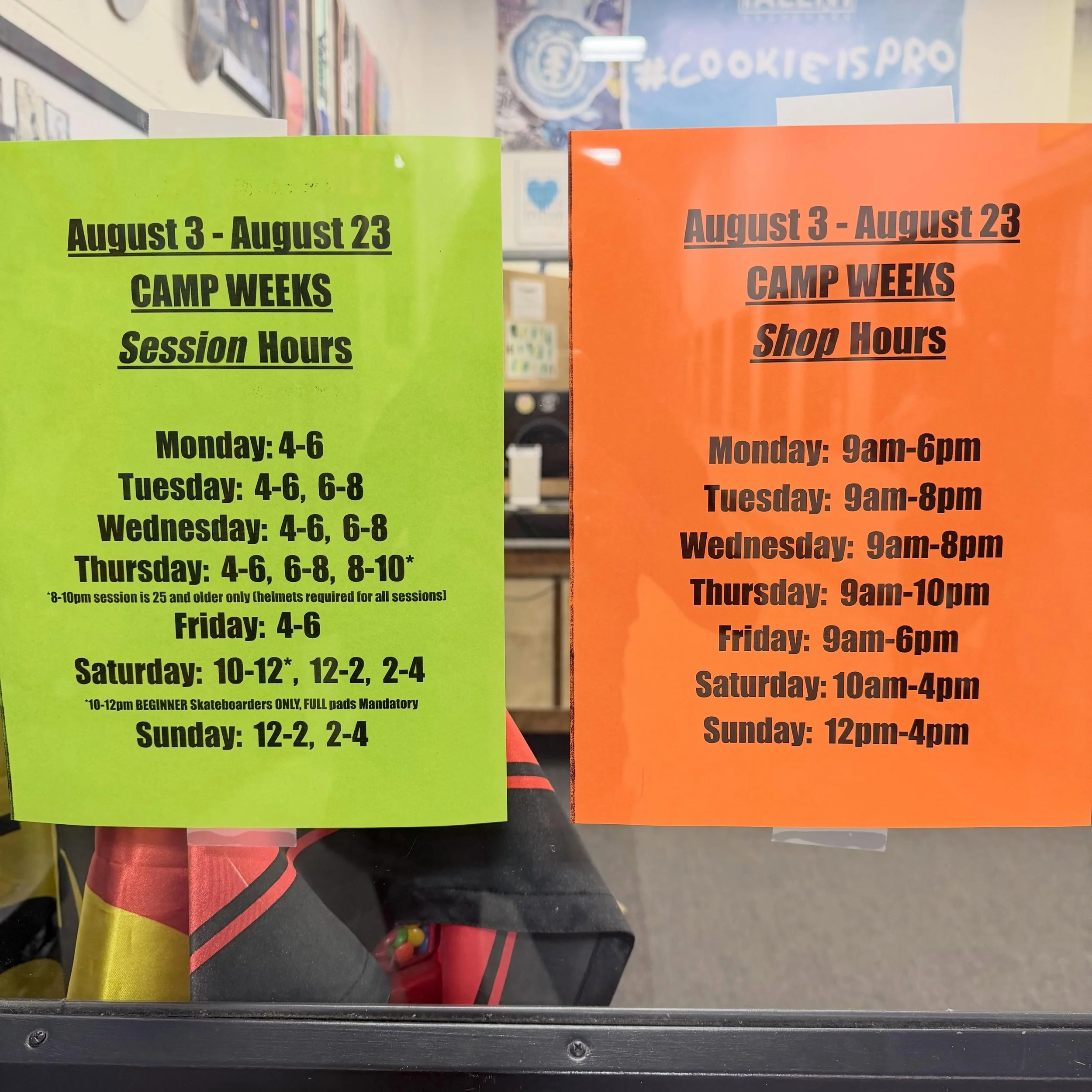 #talentskatecamp August shop and Session hours 💥❤️