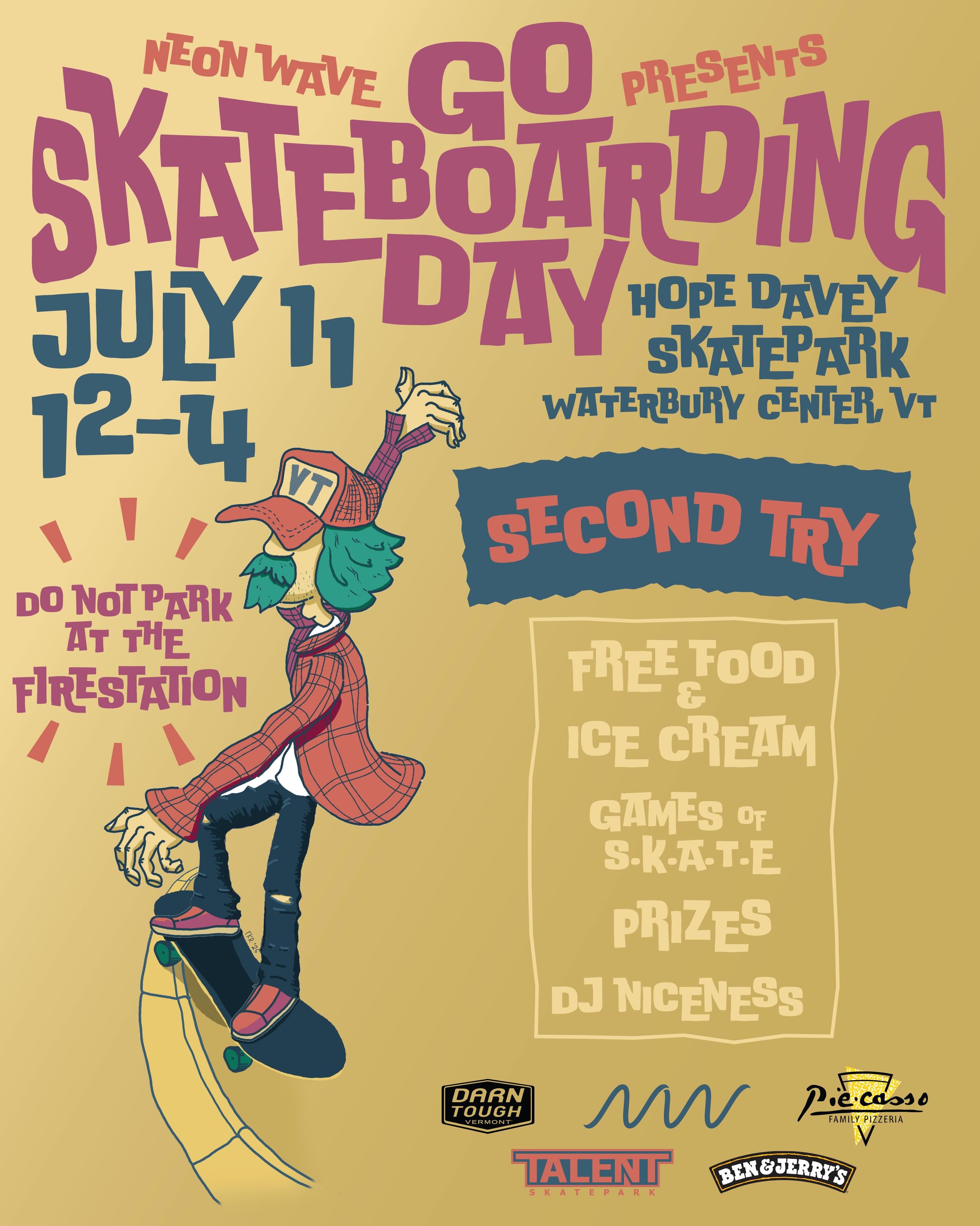 Rescheduled for THIS Saturday, 12-4pm @waterburyskatepark 🛹🍦🐄😅🧦🍕
Come play with us!  Big ups to: @neonwavestowevt @darntoughvermont @benandjerrys @piecasso @talentskatepark @niceness_vt ❤️💛💚