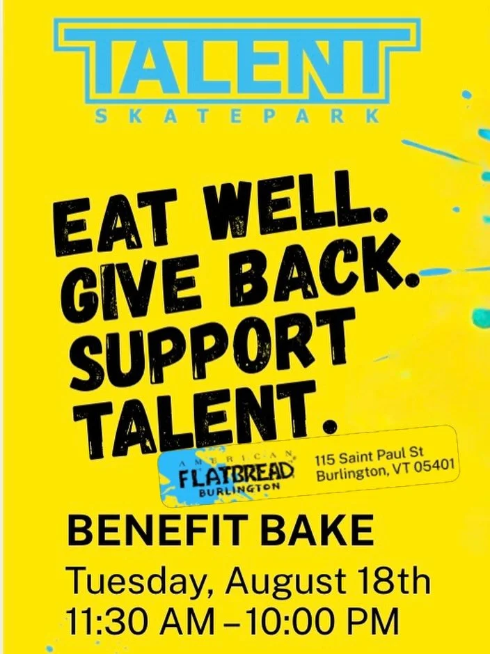 Save the date: Tuesday August 18 11:30am-10pm

A portion of #flatbread sales on 8/18 supports @talentskatepark !  Grab friends, family&hellip; everyone and spread the yummy word 😋