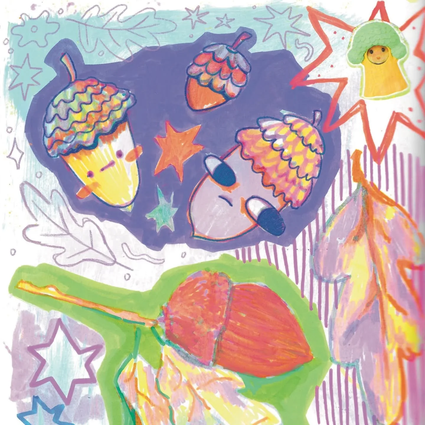 Mixed media sketchbook page about&hellip; acorns. I'm not sure why! But I had a great time trying out some new highlighters and gel pens. I even scanned the page into procreate and doodled on top of it! 

#peachtober25 #mixedmedia #sketchbookpages