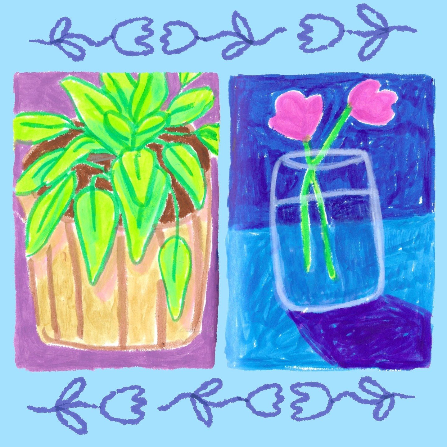 when I get overwhelmed and stressed, i like to use children's art supplies in my sketchbook to loosen up. paint sticks are really good for this, because you cannot be accurate or precise at all 🤗 here's two drawings from my sketchbook! 🥰