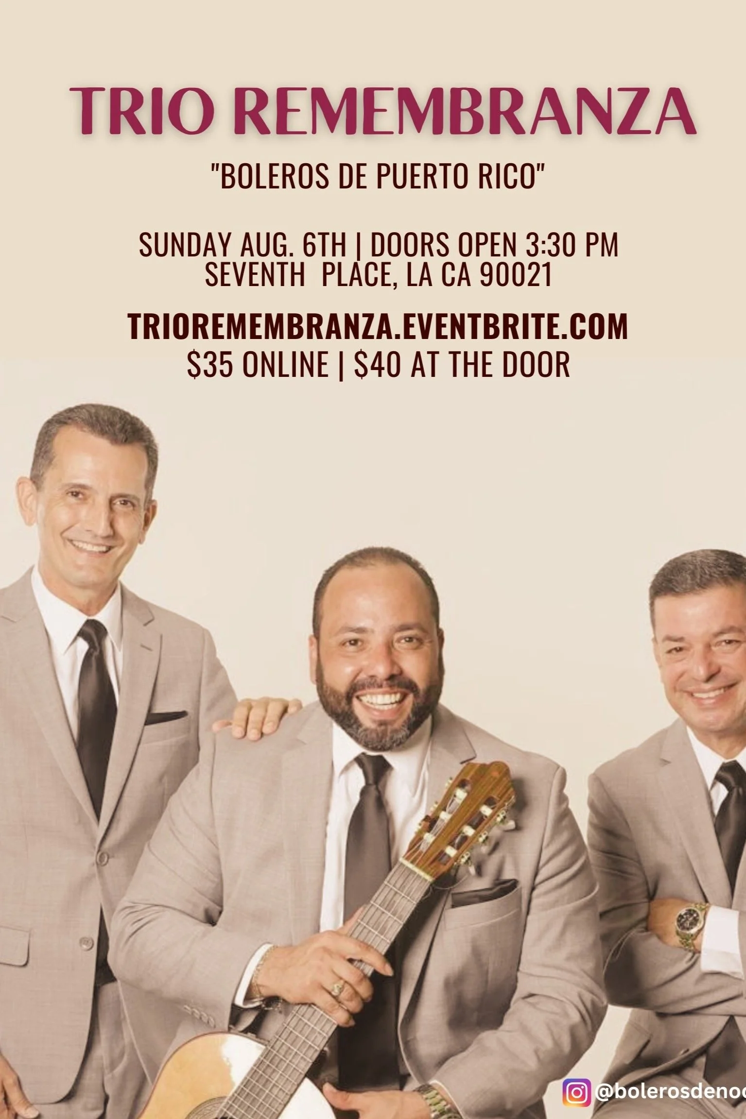 Poster advertising a music event featuring Trio Remembranza with a photo of three men in suits, holding a guitar, smiling.