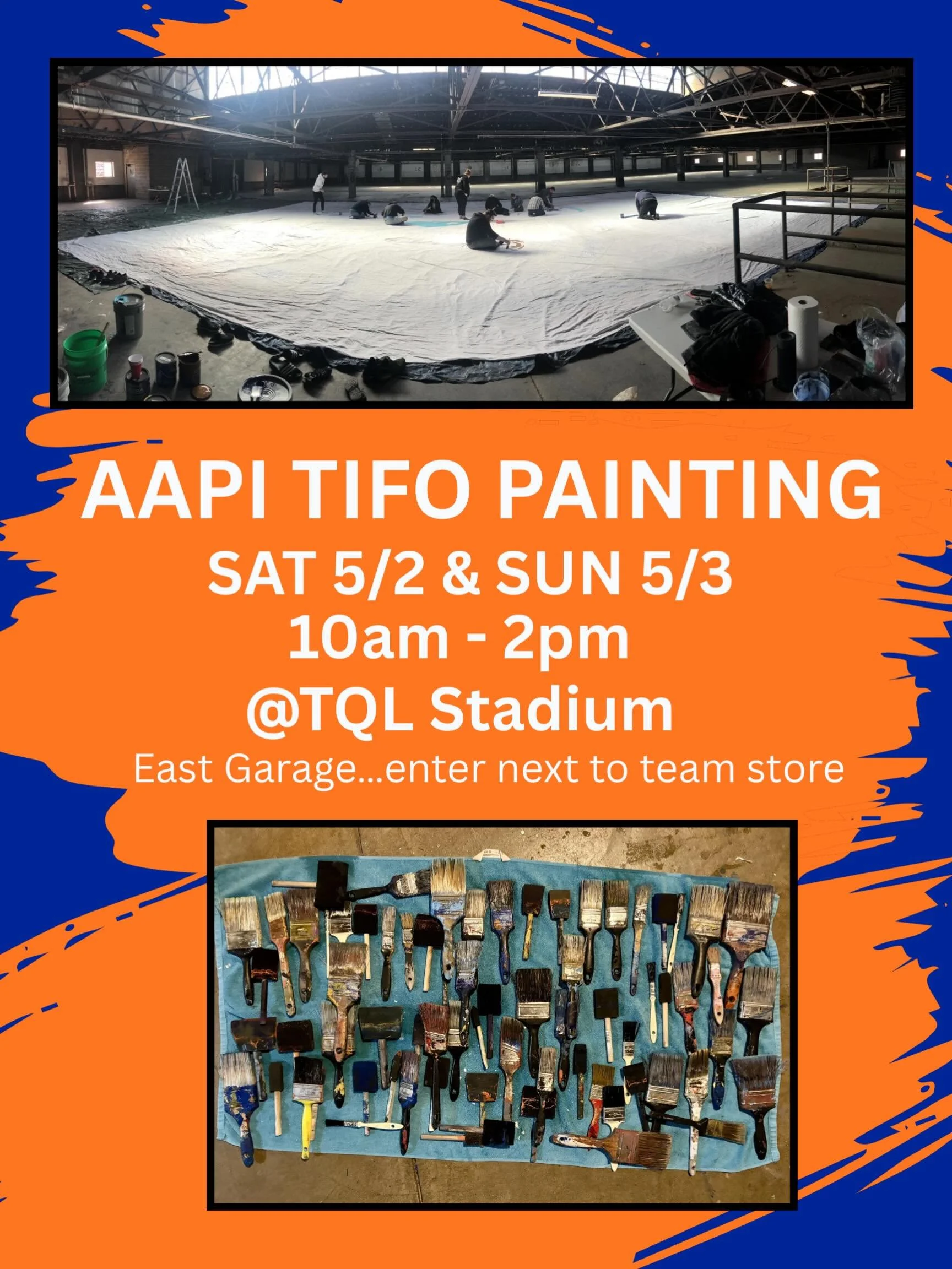 AAPI Tifo Painting May 2 and May 3 10 am–2 pm at TQL Stadium in the East Garage.