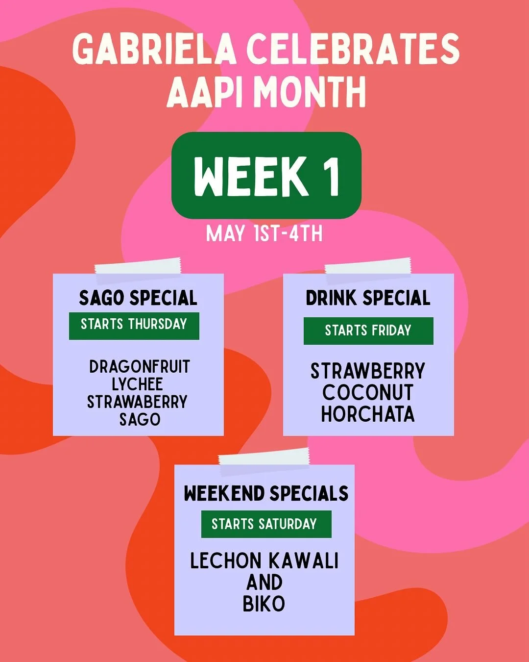 sago special starts thursday dragonfruit lychee strawaberry sago drink special starts friday strawberry coconut horchata weekend specials starts saturday lechon kawali and biko