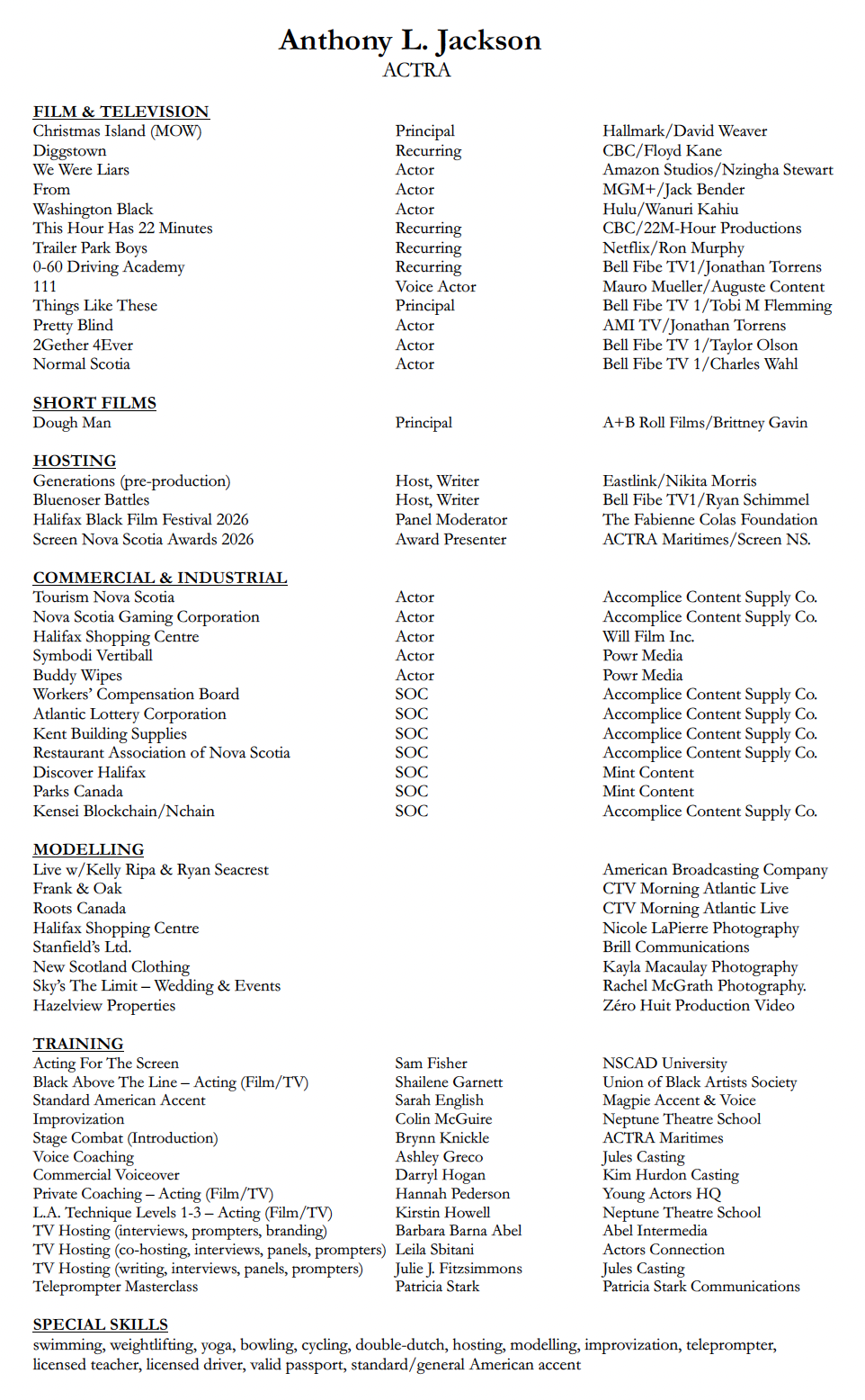 Resume document for Anthony L. Jackson listing film and television credits, short films, hosting, commercial and industrial work, modeling, training, and special skills.