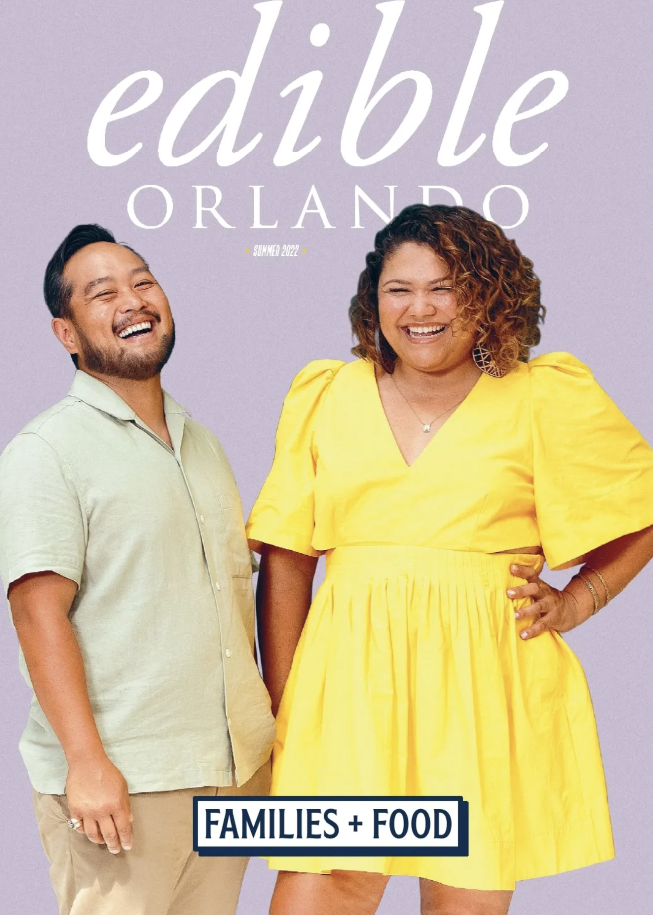 Cover of Edible Orlando magazine's Summer 2022 issue featuring a smiling man and woman in casual attire with a focus on "Families + Food."