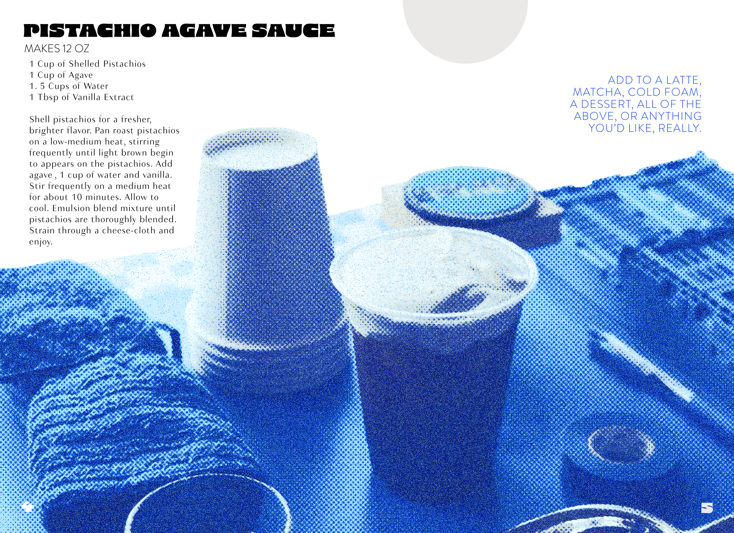 Page 4 & 5 (Full Middle Spread) - The recipe & instructions for the Pistachio Sauce I used for the signature latte of the pop up. Featuring a full bleed image from the photo shoot. 