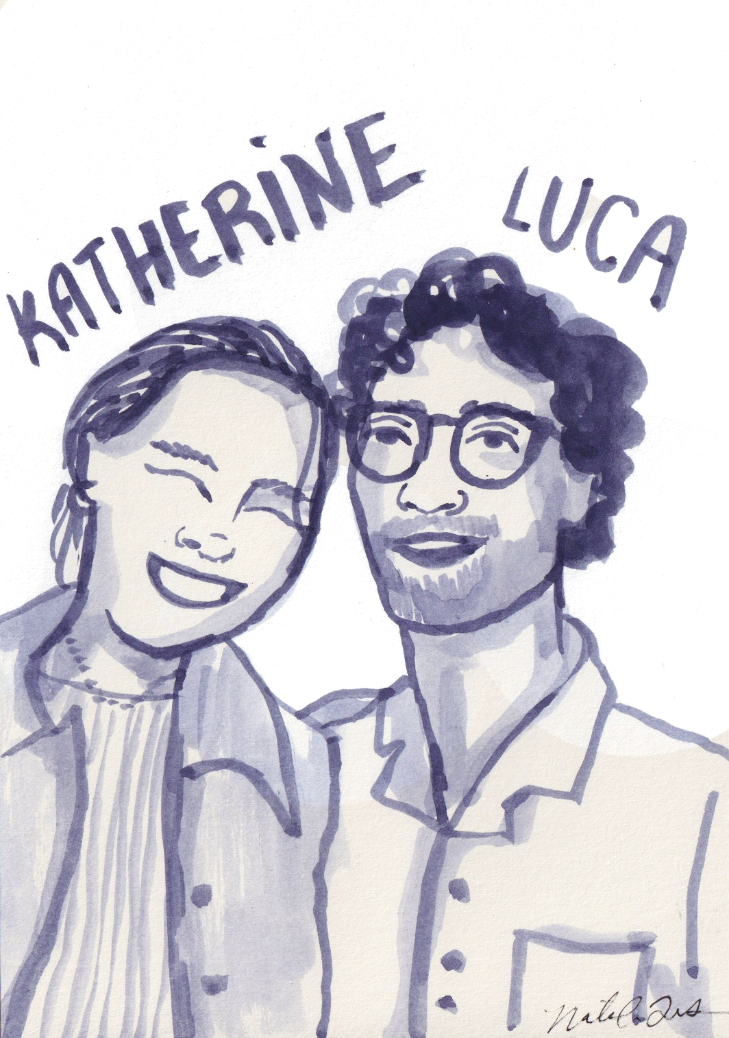 Watercolor-style portrait of Kathothéine and Lucas, both smiling, with their names written above their heads. Kathothéine has her hair back and is smiling with her eyes closed, while Lucas has curly hair, glasses, and is smiling with an open mouth.