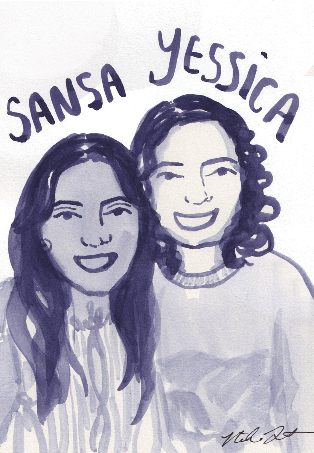 A watercolor portrait of two smiling women with long hair, surrounded by the text 'SANS A YESSICA!' in colorful letters. The background contains abstract, textured patterns.