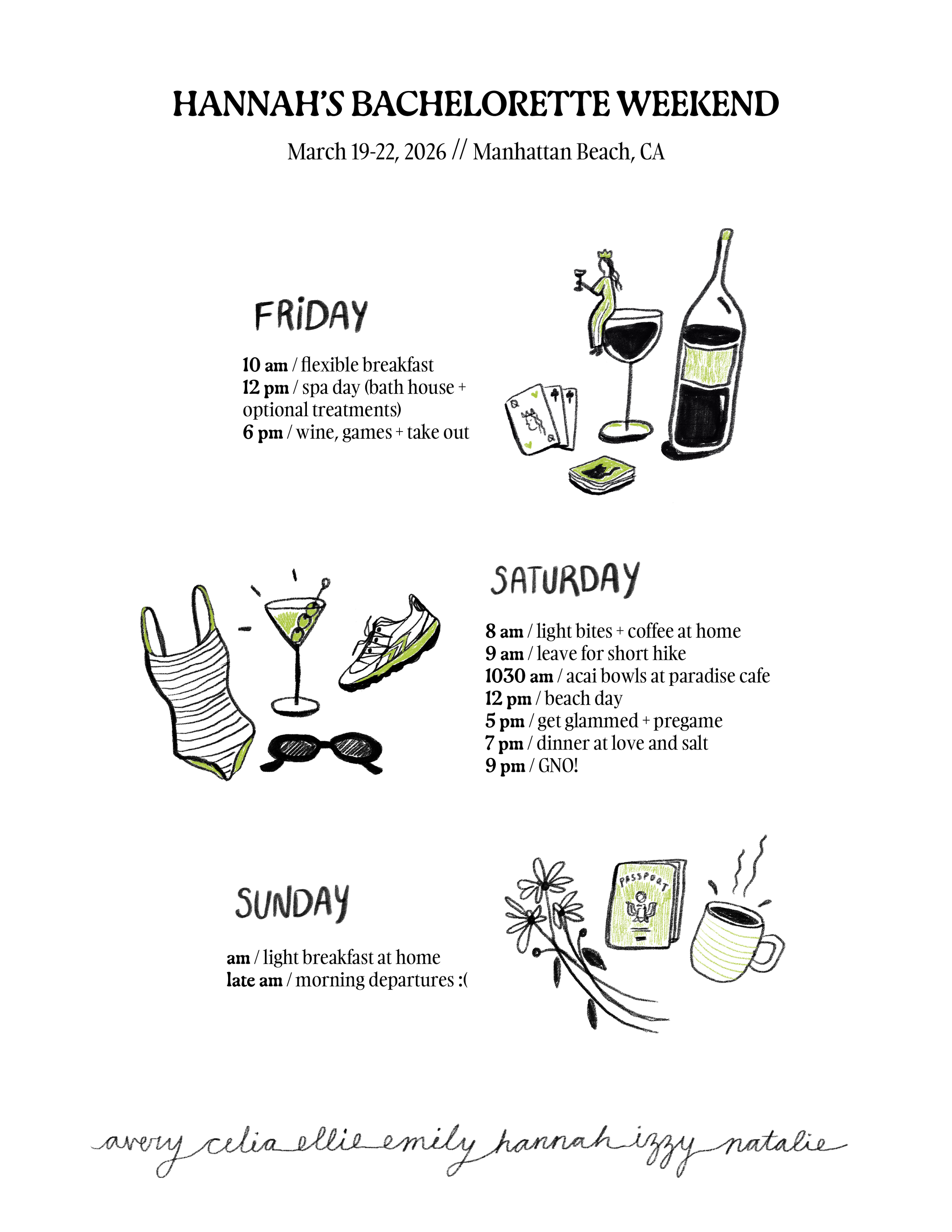 A handwritten weekend itinerary for Hannah's Bachelorette Weekend, March 19-22, 2026, at Manhattan Beach, CA, including daily plans with drawings of drinks, clothing, a passport, and a cup of coffee.
