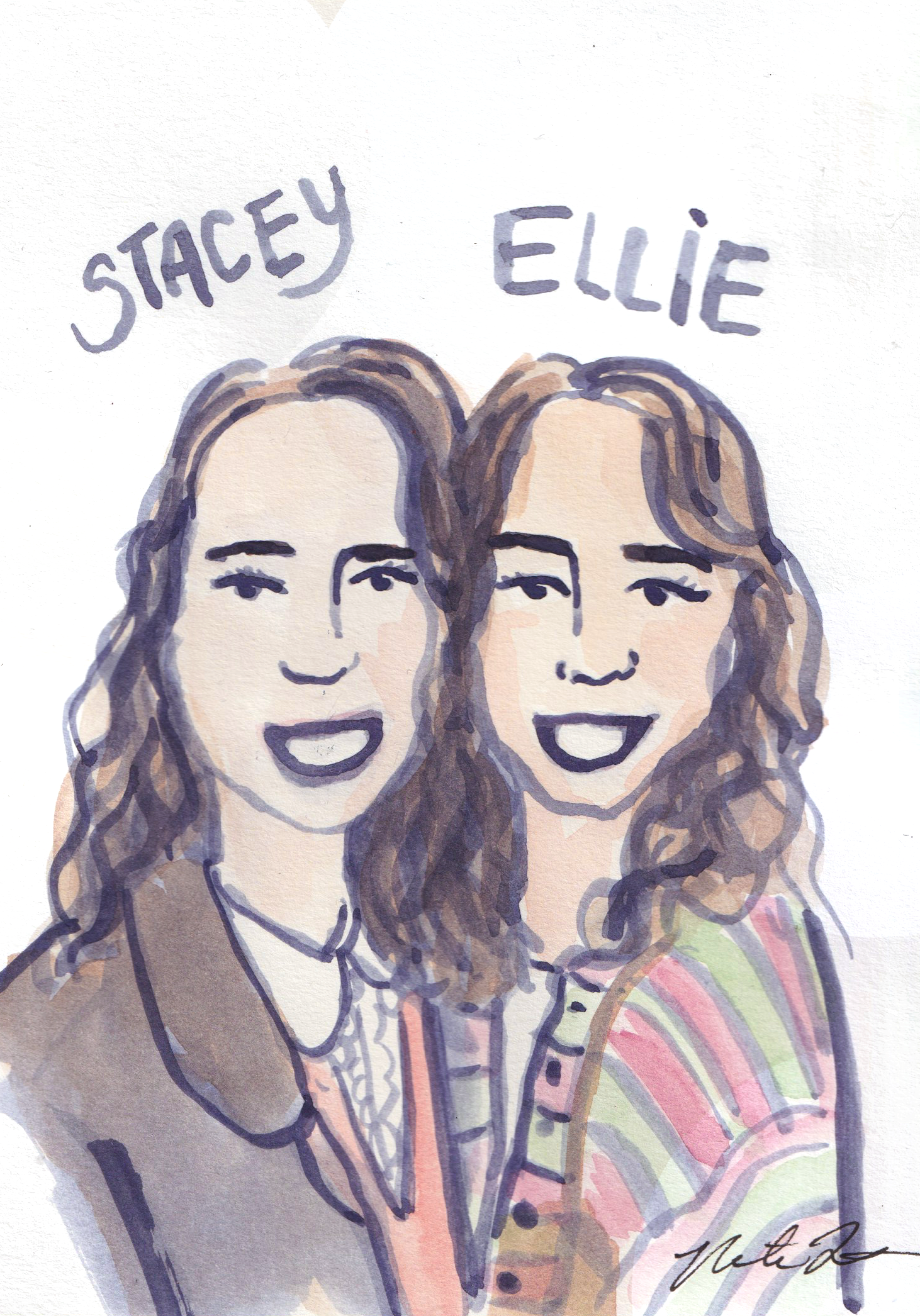 Illustration of two women with curly hair smiling, with text above reading 'Stacey' and 'Ellie', in a colorful, artistic style.