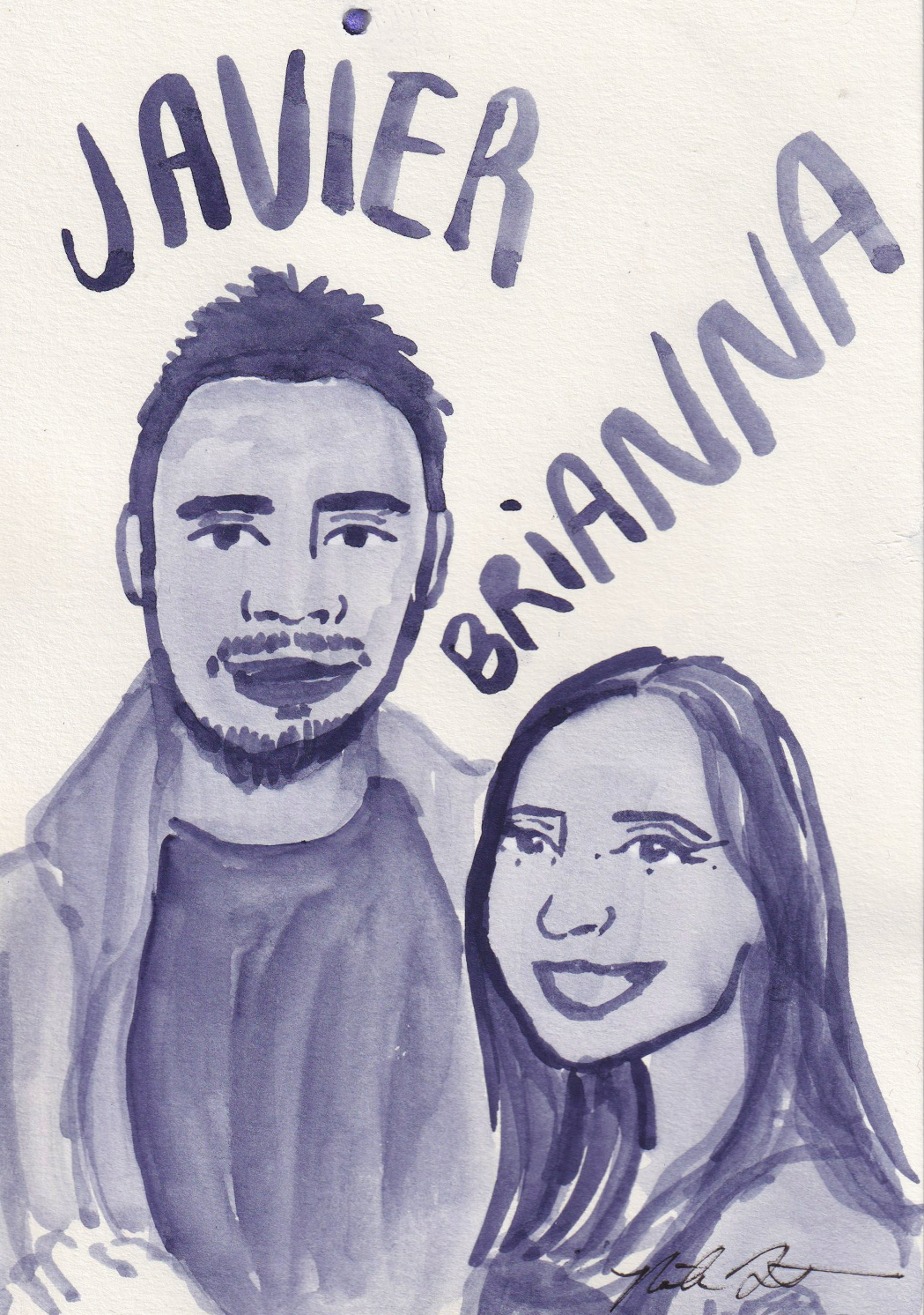 A watercolor illustration of a man and woman with the words "Javier & Brianda" above their heads.