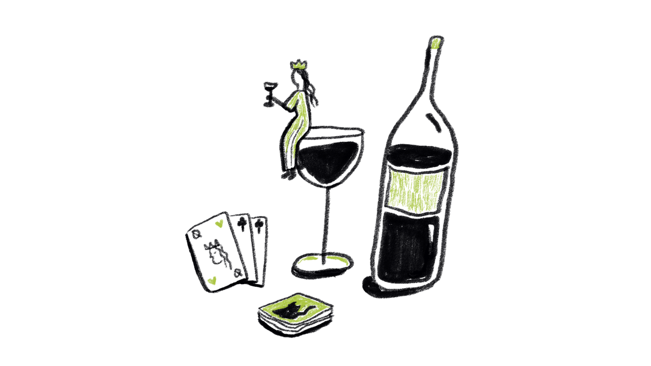 A hand-drawn illustration of a wine bottle, a glass of red wine with a tiny woman sitting on the rim holding a glass, a small stack of playing cards, and a deck of cards.