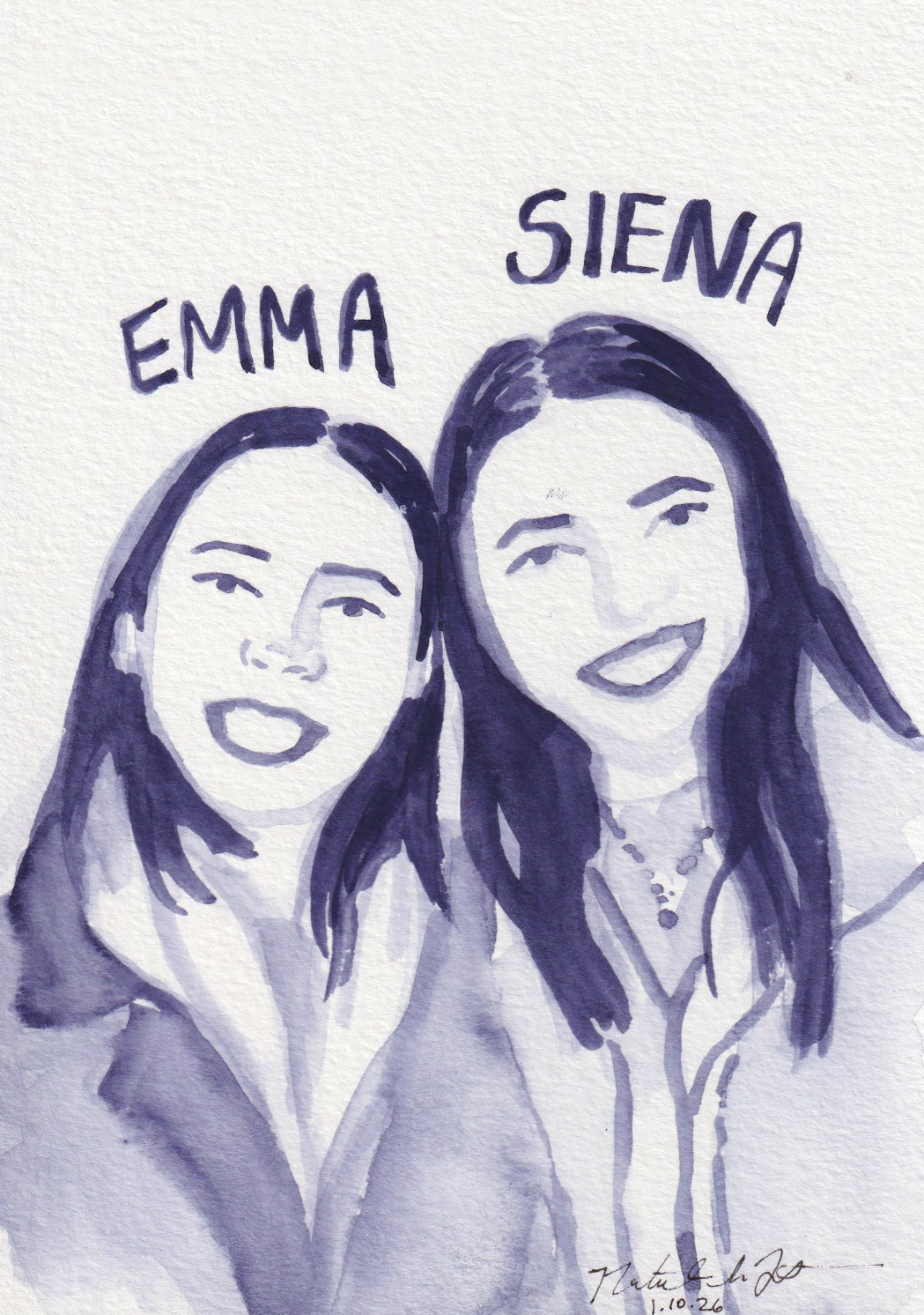 Watercolor painting of two women with long dark hair smiling, labeled 'Emma' and 'Siena'.