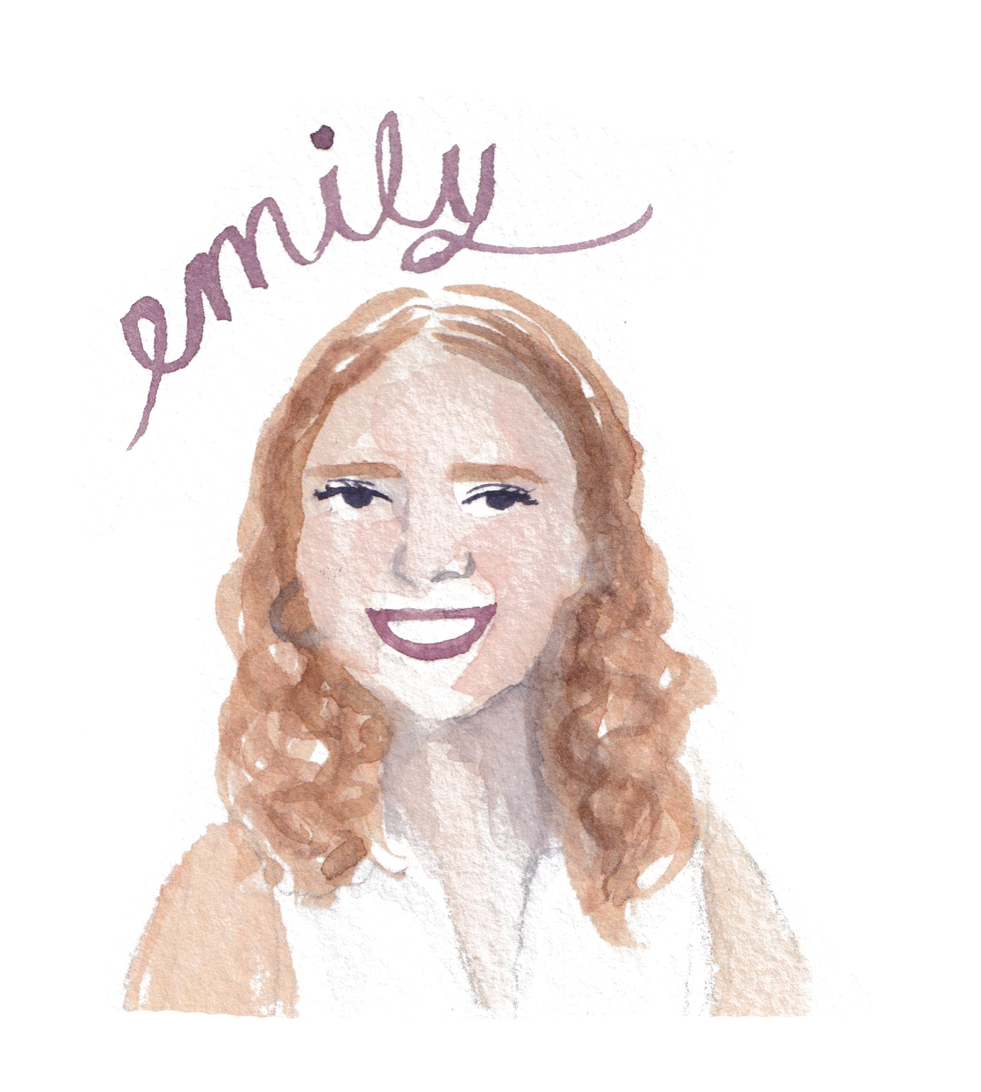 Watercolor illustration of a woman with curly red hair, smiling, with the word 'emilly' written in cursive above her head.