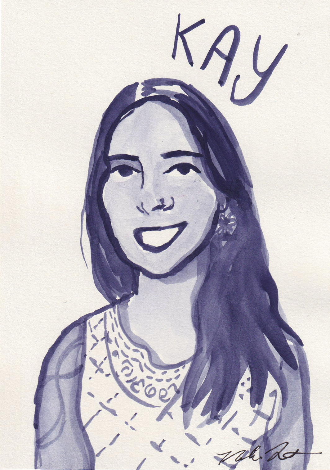 A hand-drawn portrait of a woman with long dark hair, smiling, with the name 'KAY' written above her head, featuring intricate patterns on her clothing.