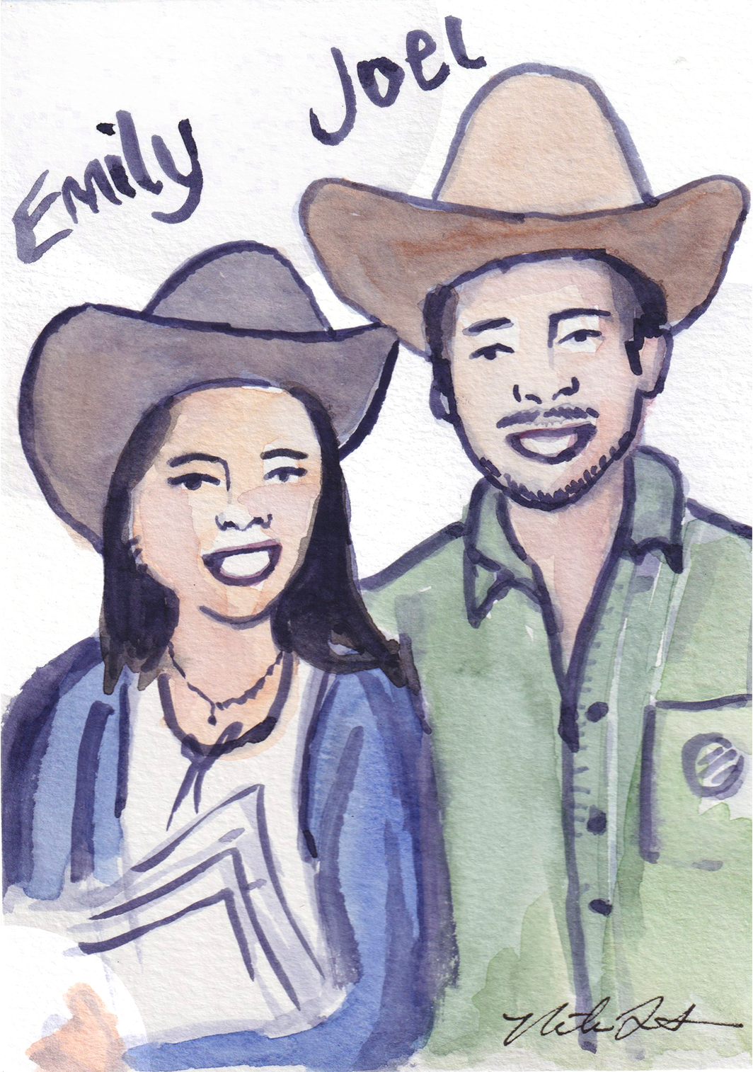 Watercolor illustration of a smiling man and woman wearing cowboy hats, with the phrase 'Emmy Joel' written above.