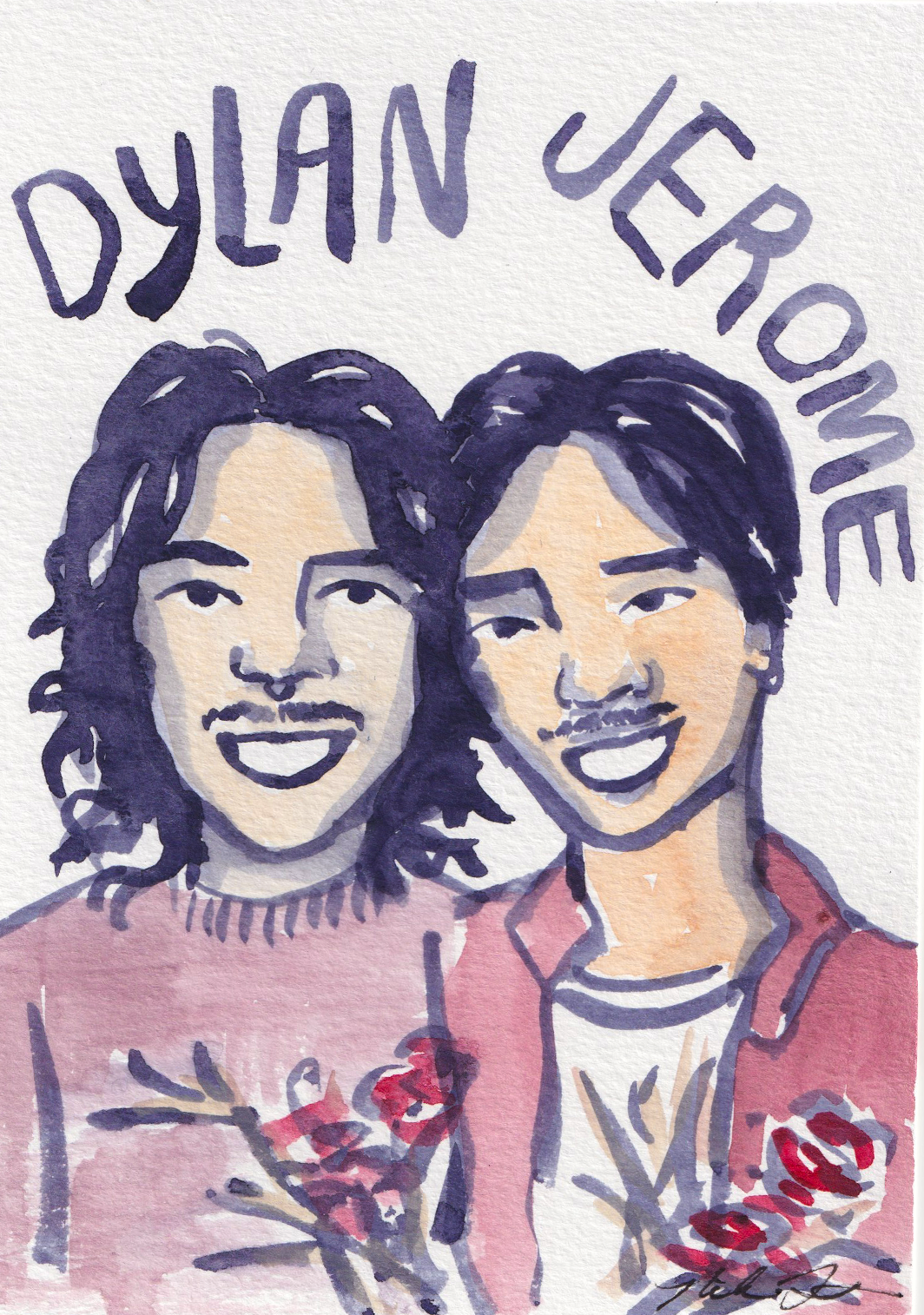 Watercolor illustration of two smiling people, labeled as Dylan and Jeromie, with the names written above their heads.