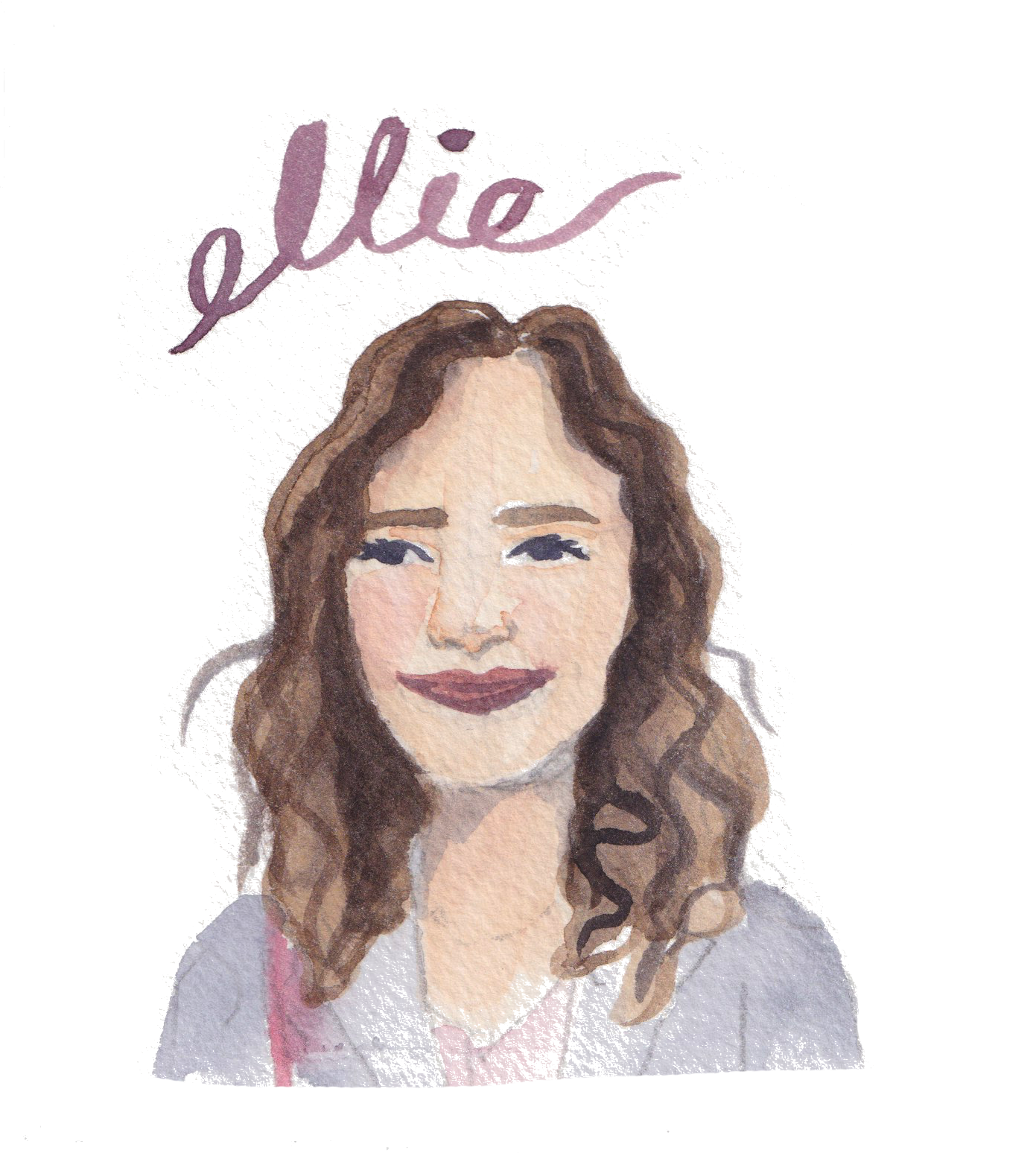 Watercolor portrait of a smiling woman with long, wavy brown hair, wearing a white top with a pink shirt underneath, with the name 'Allie' written in cursive pink at the top.