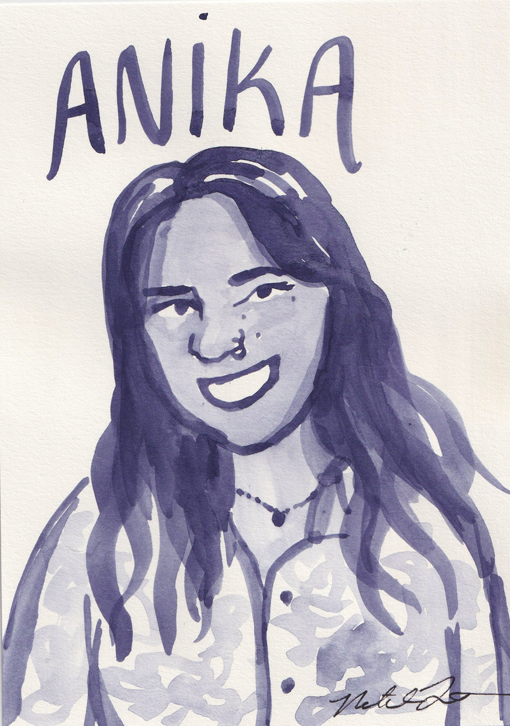 Watercolor portrait of a young woman with long hair, smiling, wearing a necklace and a top, with the name 'ANIKA' written above her head.