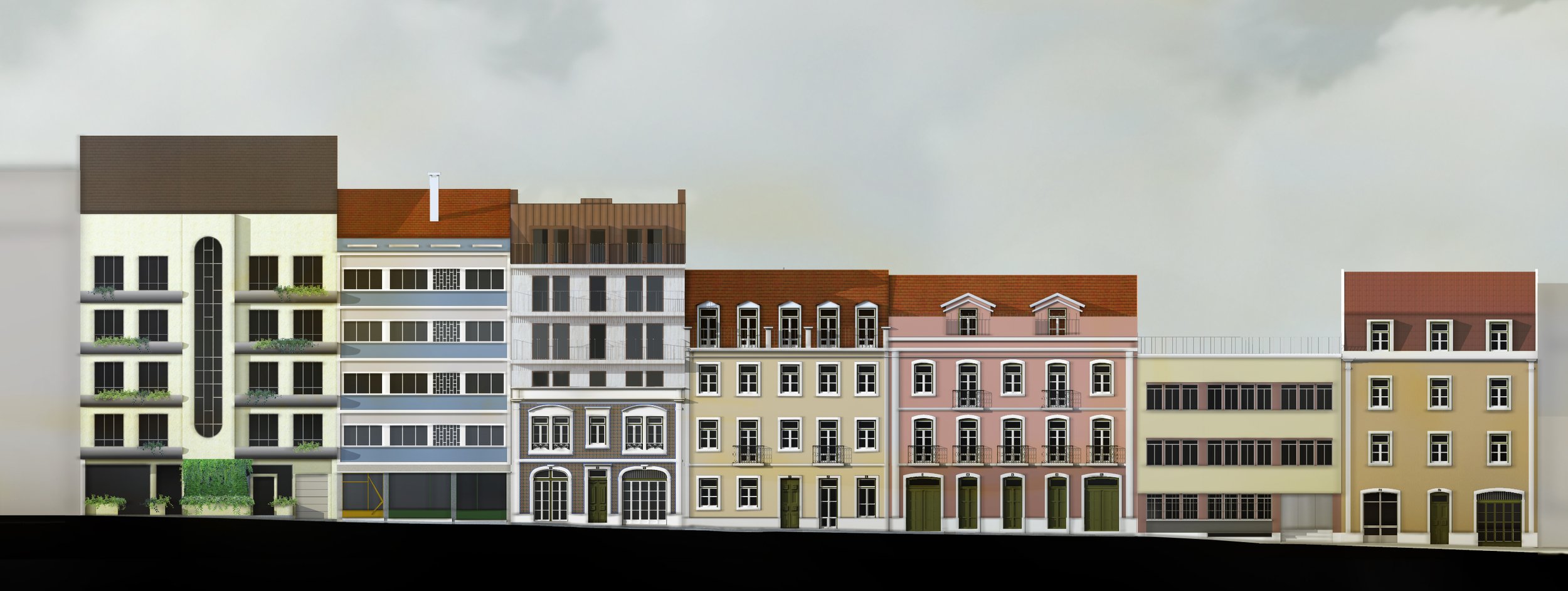Row of colorful European-style buildings with various architectural designs and red-tiled roofs against a cloudy sky.