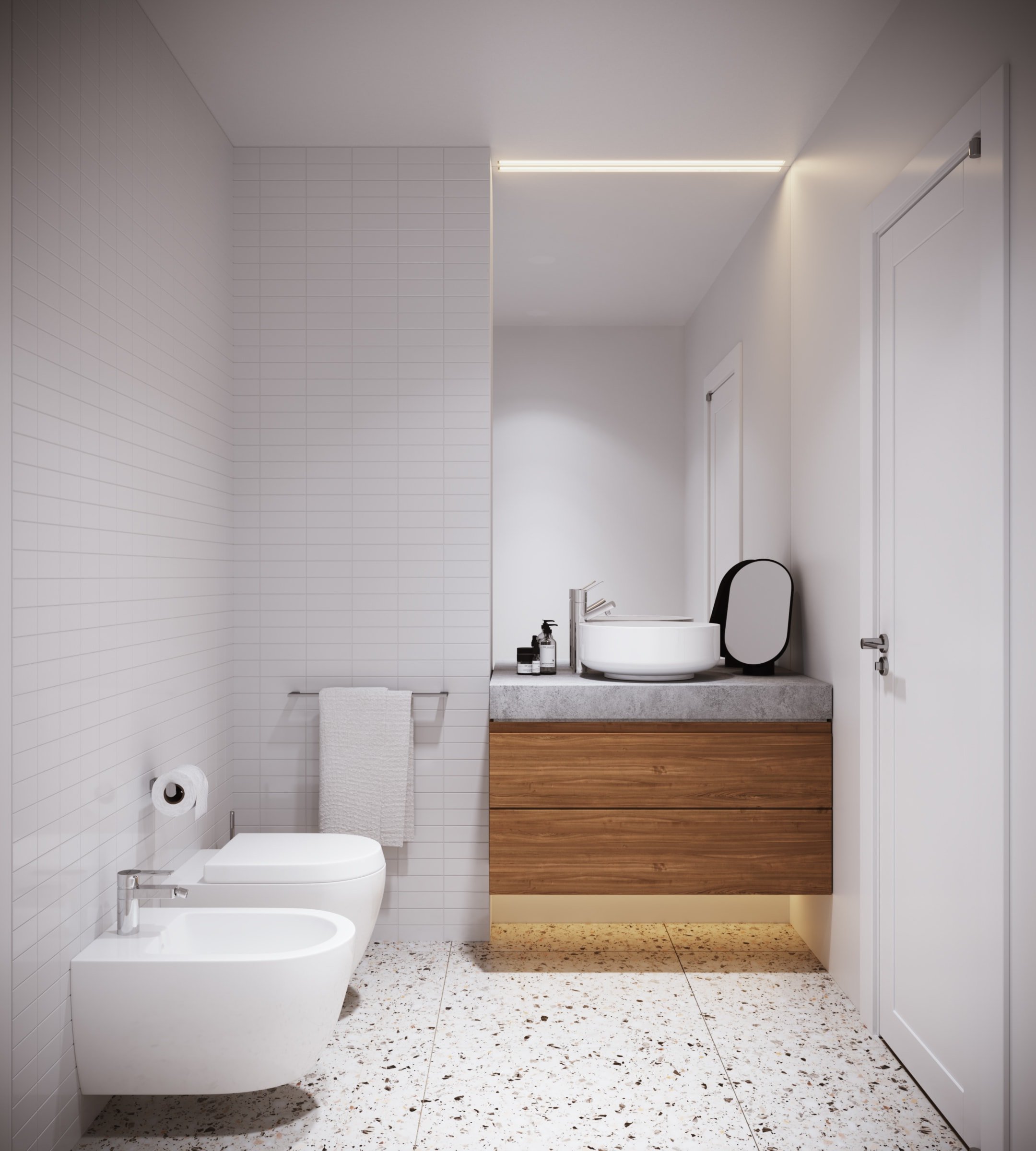 Modern bathroom with wall-mounted toilet and bidet, terrazzo floor, floating wood vanity with vessel sink, a mirror, and minimalist decor.