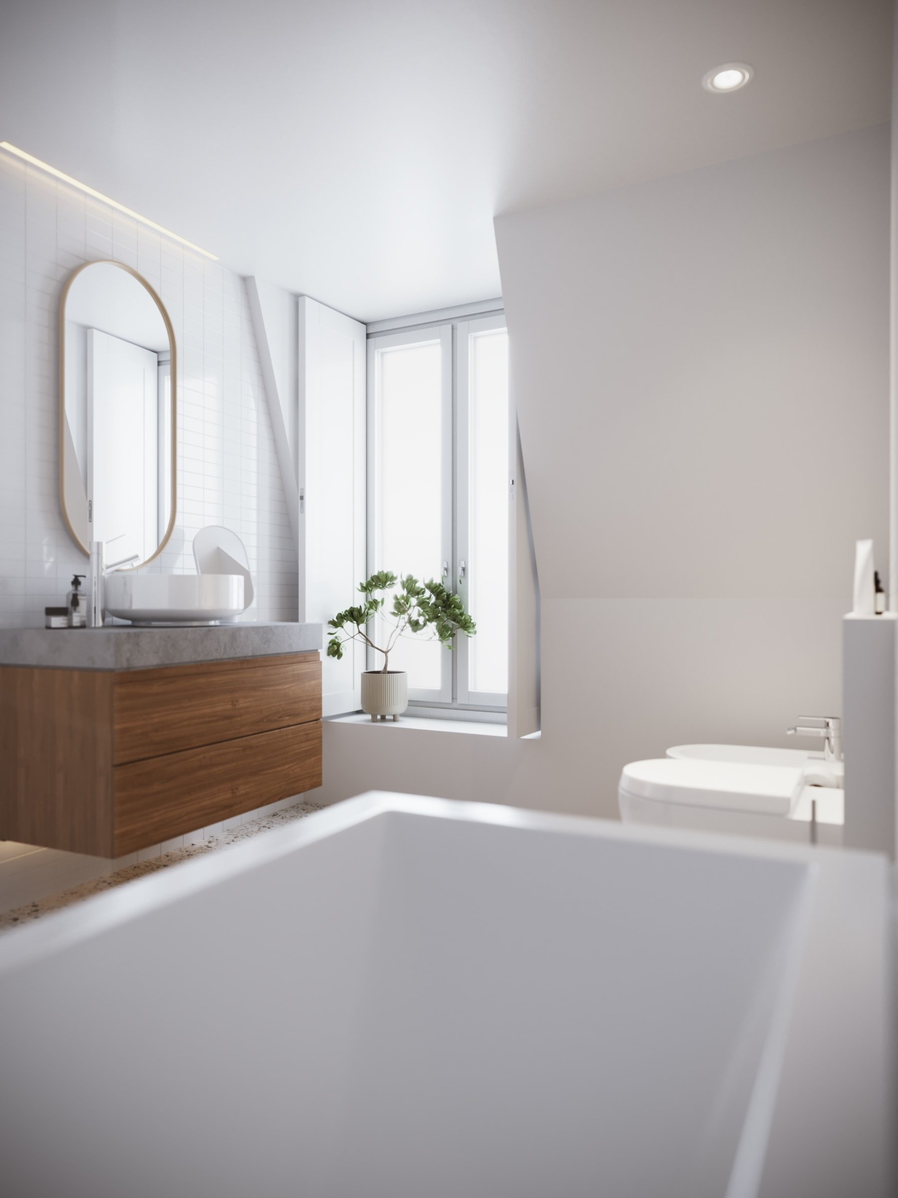Minimalist bathroom with white walls, a modern bathtub, wooden vanity with a mirror, round white sink, small plant by the window, and recessed lighting.