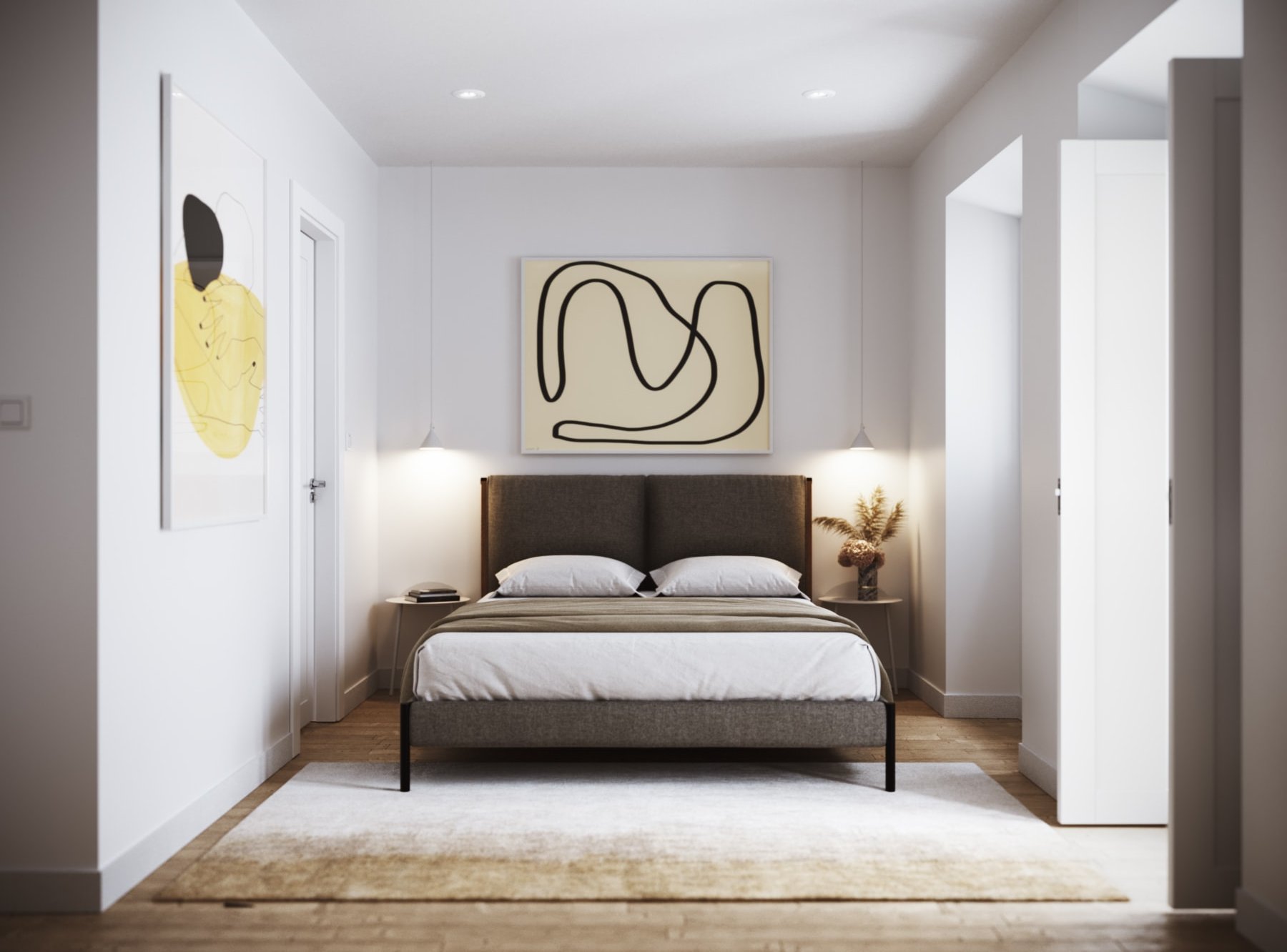 Modern bedroom with minimalist decor, featuring a bed with gray upholstered headboard, abstract artwork above the bed, and neutral color scheme. Side tables with lamps and decorative vase of flowers add elegance.