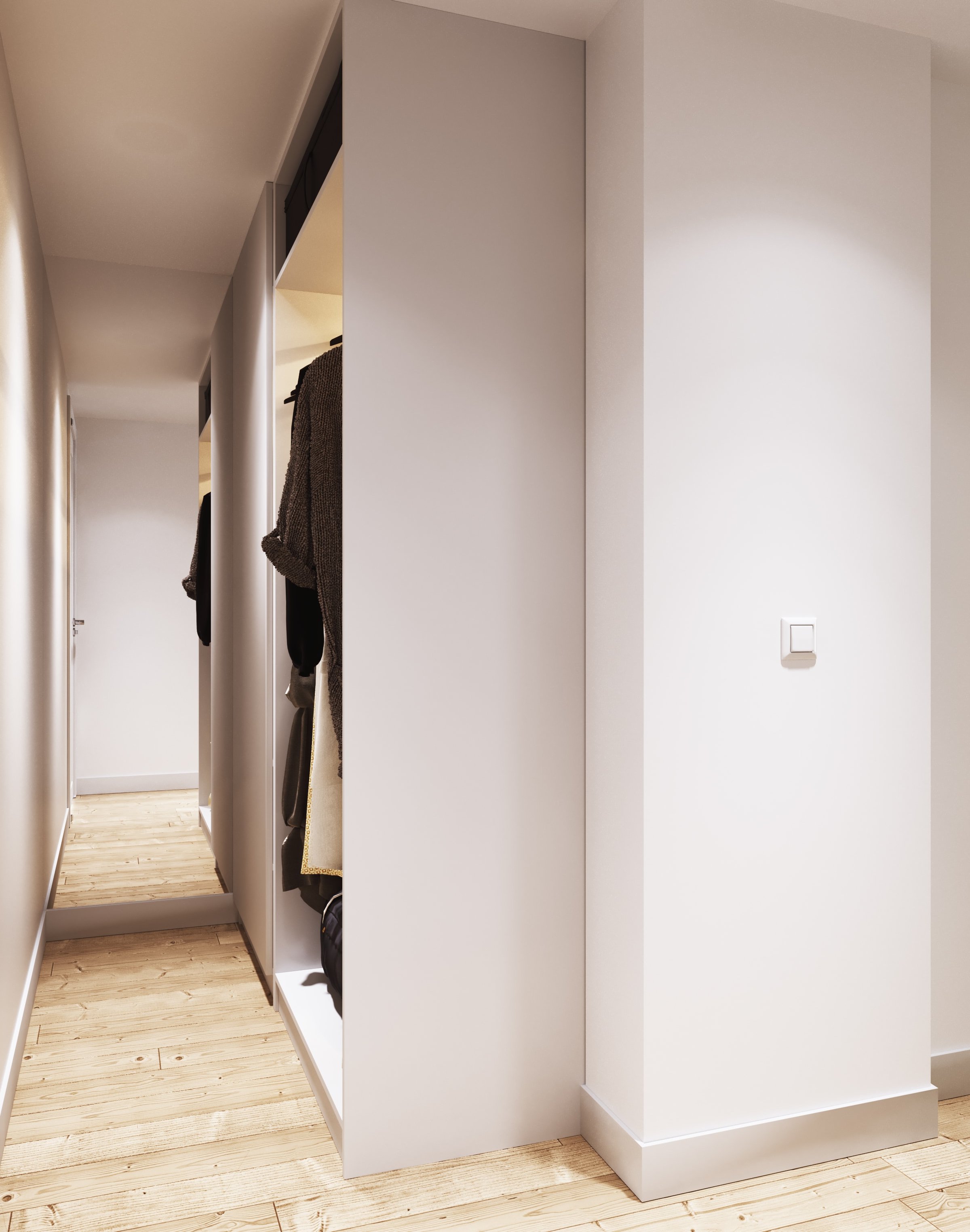 Modern minimalist hallway with wooden flooring, white walls, a narrow closet with clothes hanging, and a light switch.