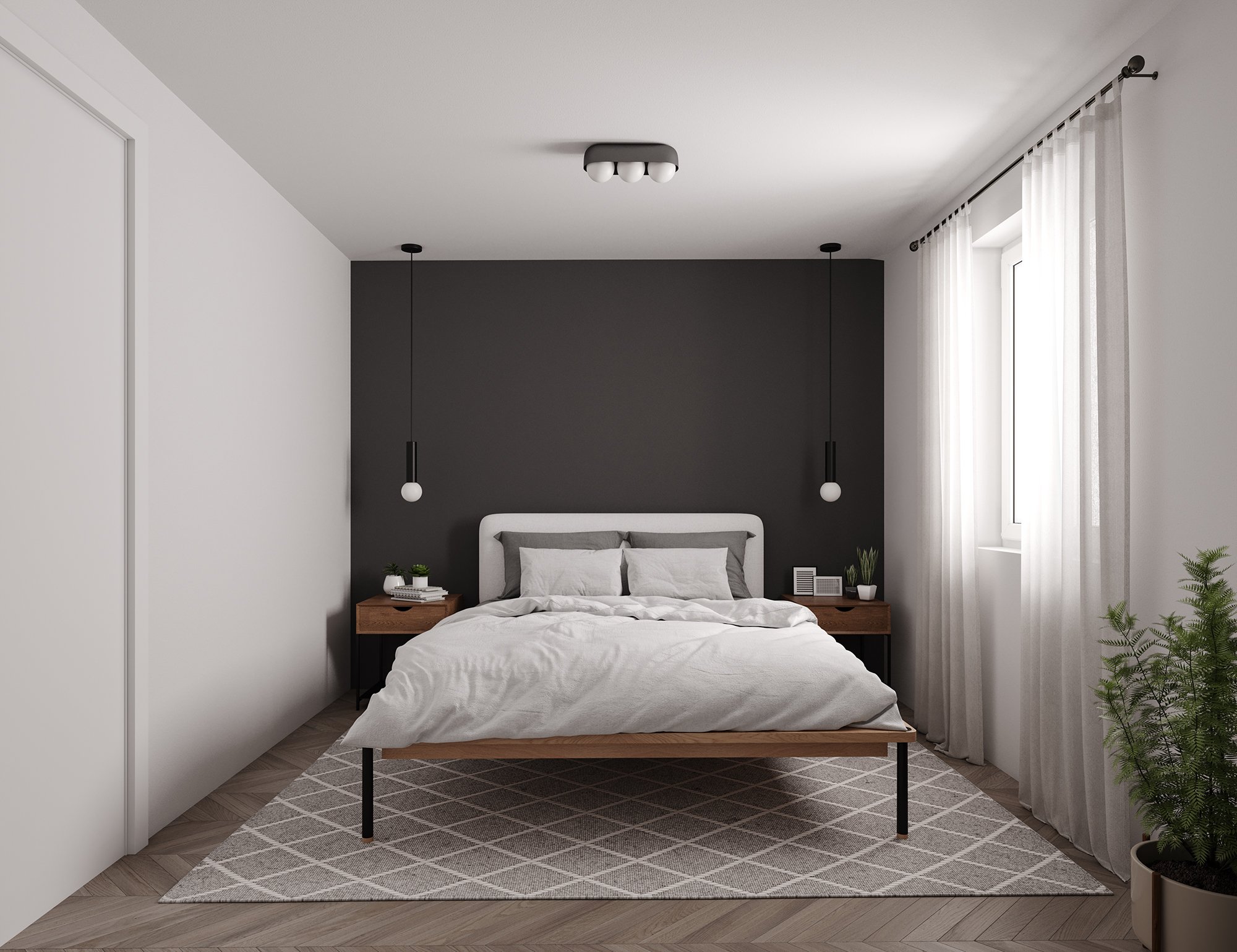 Modern bedroom with a black accent wall, white bedding, and wooden bed frame. Two pendant lights hang above wooden nightstands with plants and books. A large window with sheer curtains allows natural light, and a patterned rug covers the herringbone