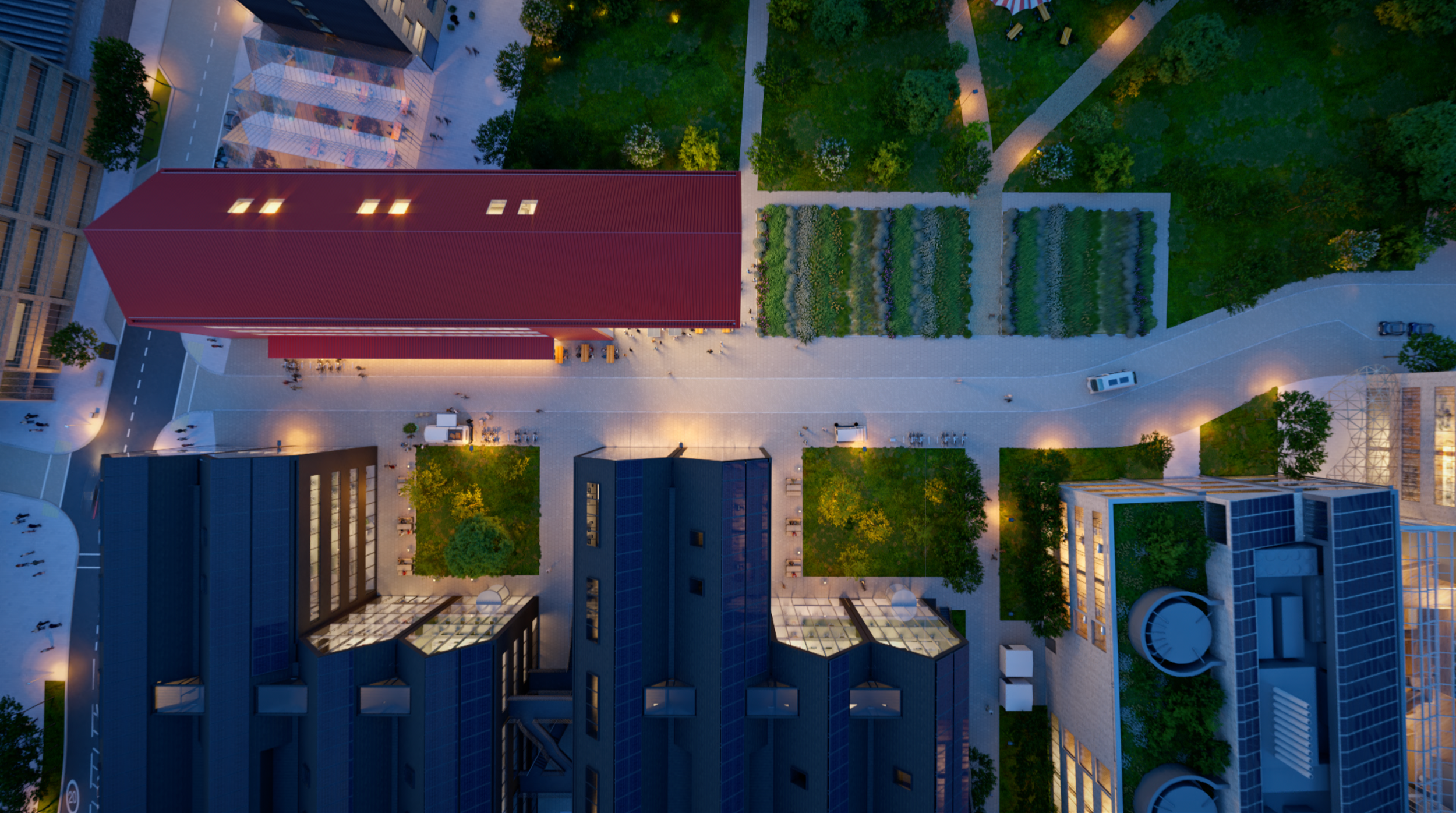 Aerial CGI view of the Oxford North masterplan, featured in a branded architectural documentary to illustrate site layout, landscape, and urban design.