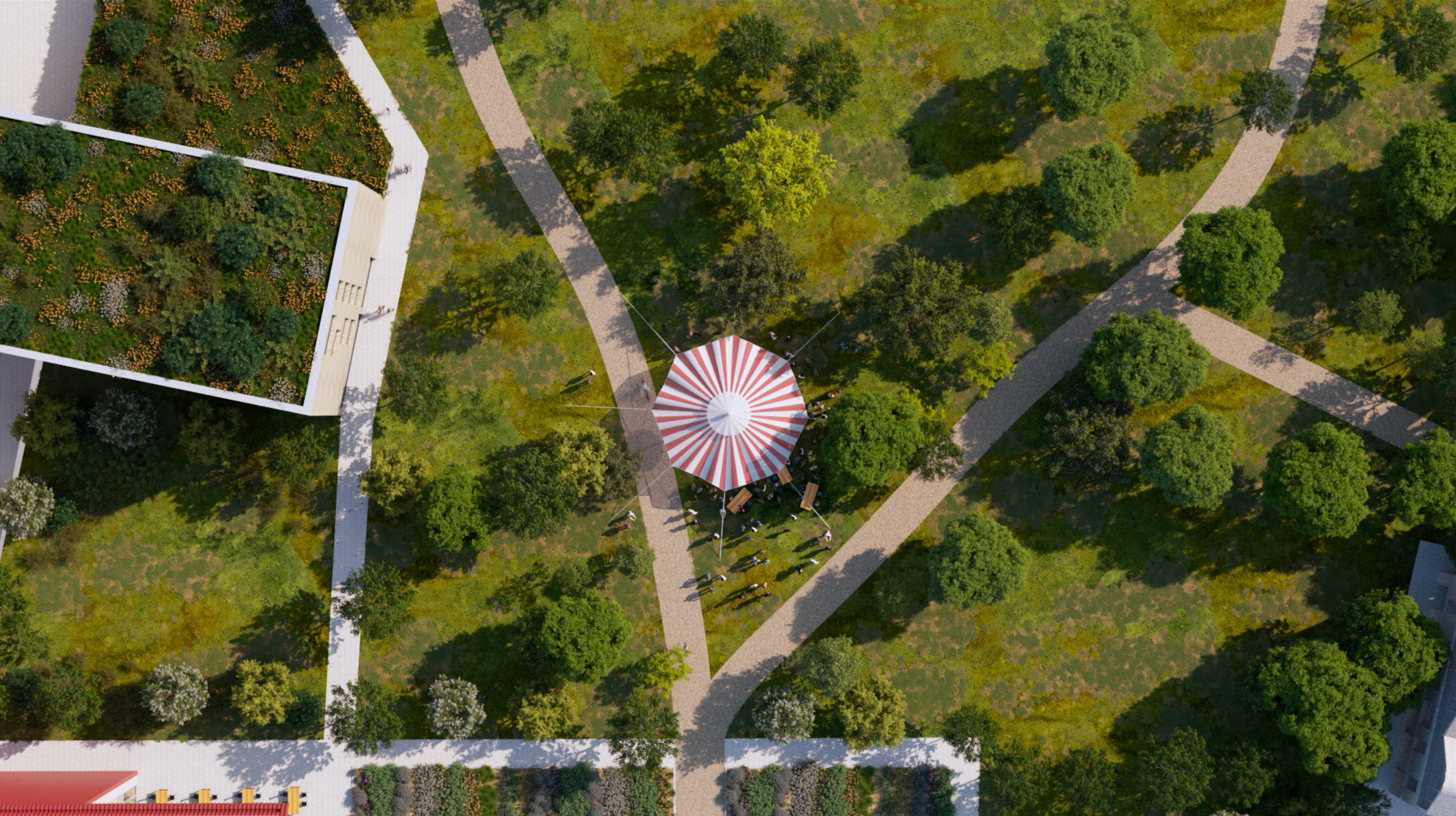 Top-down CGI view of landscaped public spaces at Oxford North, showing pathways, planting, and a central pavilion as part of a future-focused architectural masterplan.