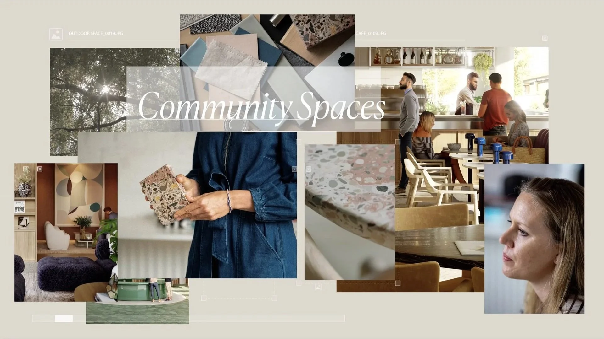 Design-led montage highlighting community-focused interiors, material choices, and shared spaces within the Millharbour development.