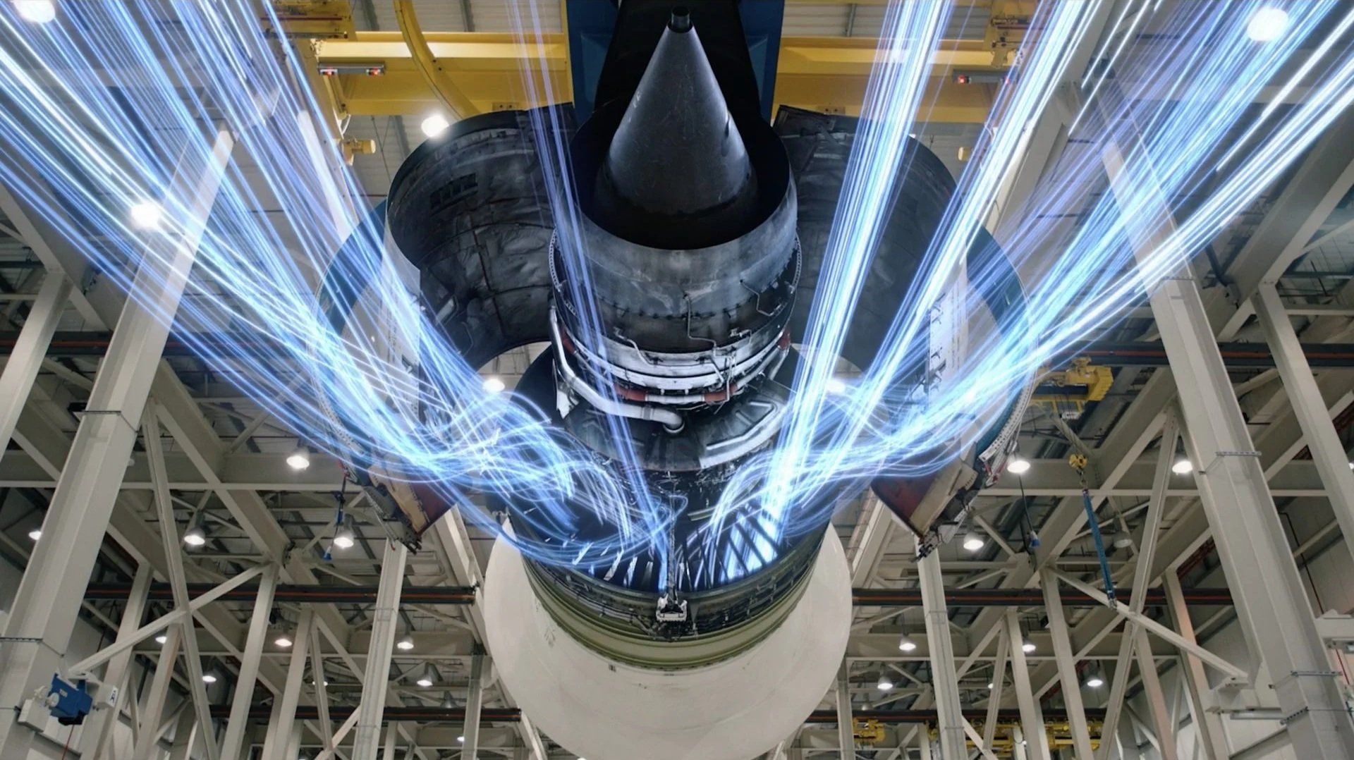 GE Aviation engine in test cell with blue digital data light effects — GE digital
transformation film, creative director James Dougan