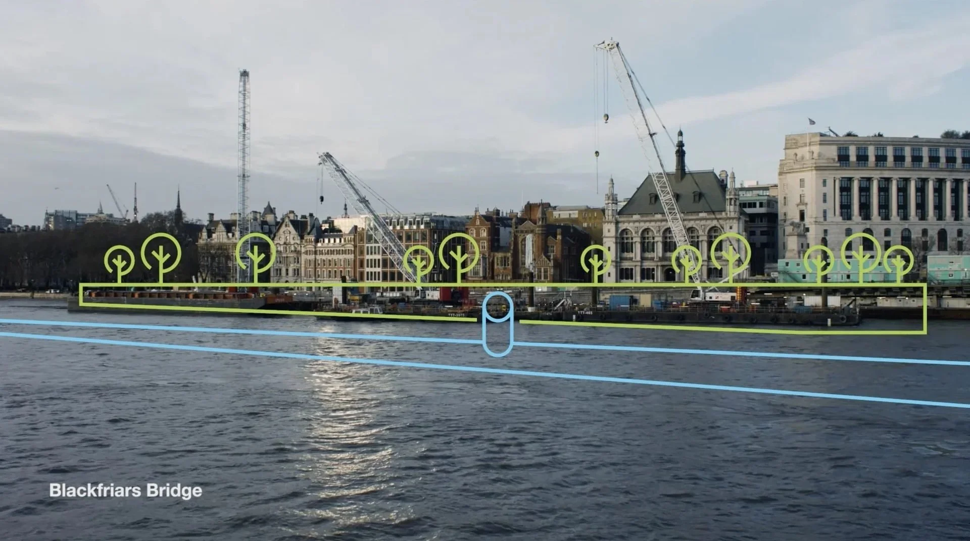Blackfriars Bridge Thames Tideway site — river view with green tree planting
graphic overlay showing proposed public realm, Hawkins/Brown architecture
film