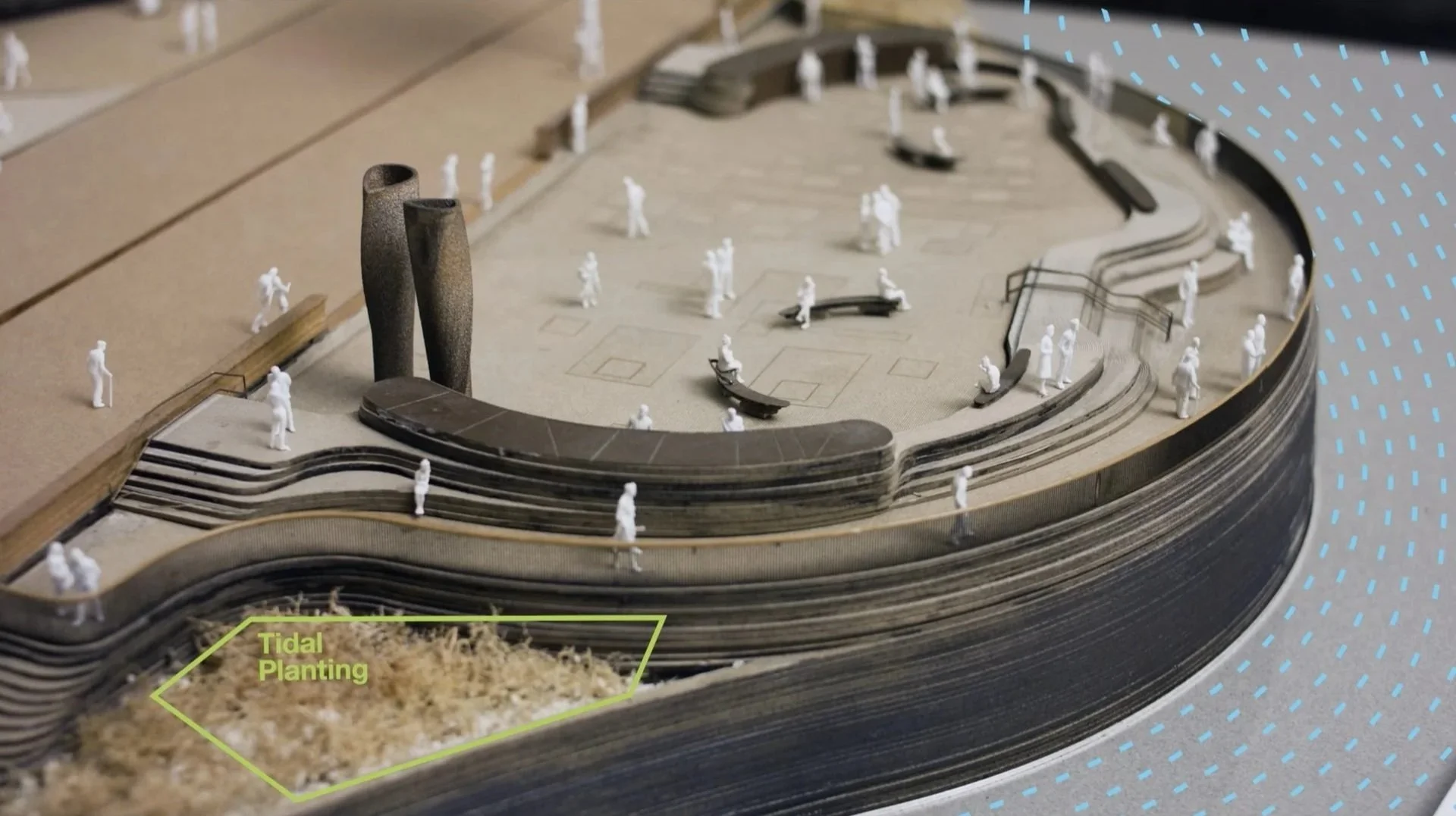 Chelsea Embankment Tideway design circular architectural scale model
with tidal planting zone and graphic annotations, Hawkins/Brown public
realm film