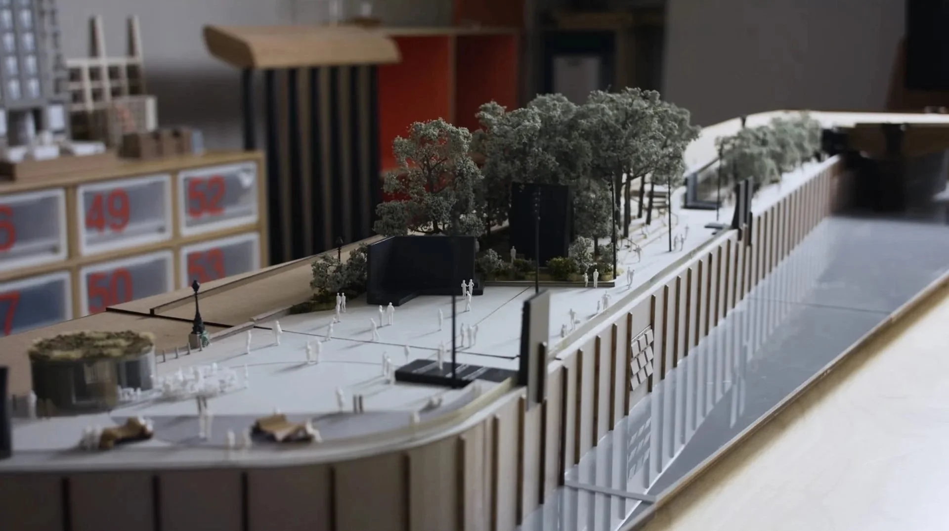 Chelsea Embankment Tideway detailed long architectural scale model with trees and figures in Hawkins/Brown studio, architecture film by James Dougan