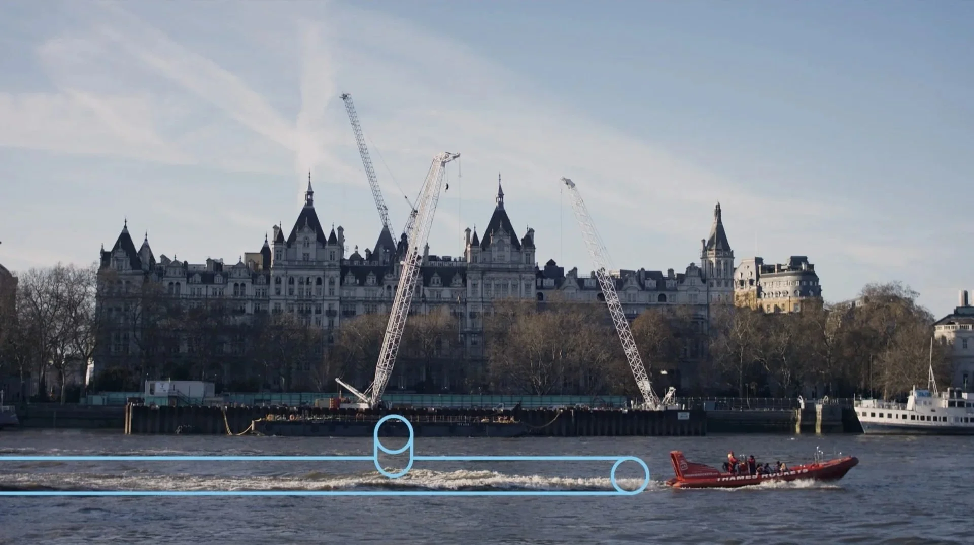 Thames Tideway construction on Victoria Embankment — cranes and
construction site from River Thames with tunnel graphic overlay, London
architecture film