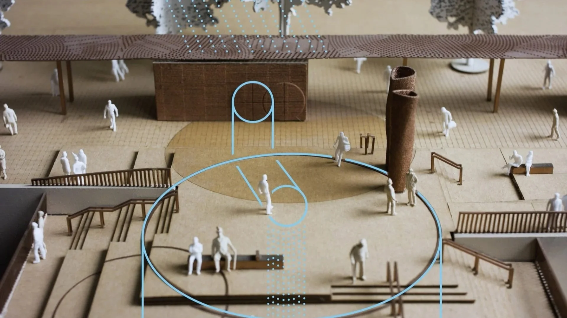 Thames Tideway Pocket Parks architectural scale model — overhead view
with blue graphic design annotations, Hawkins/Brown public realm design
film